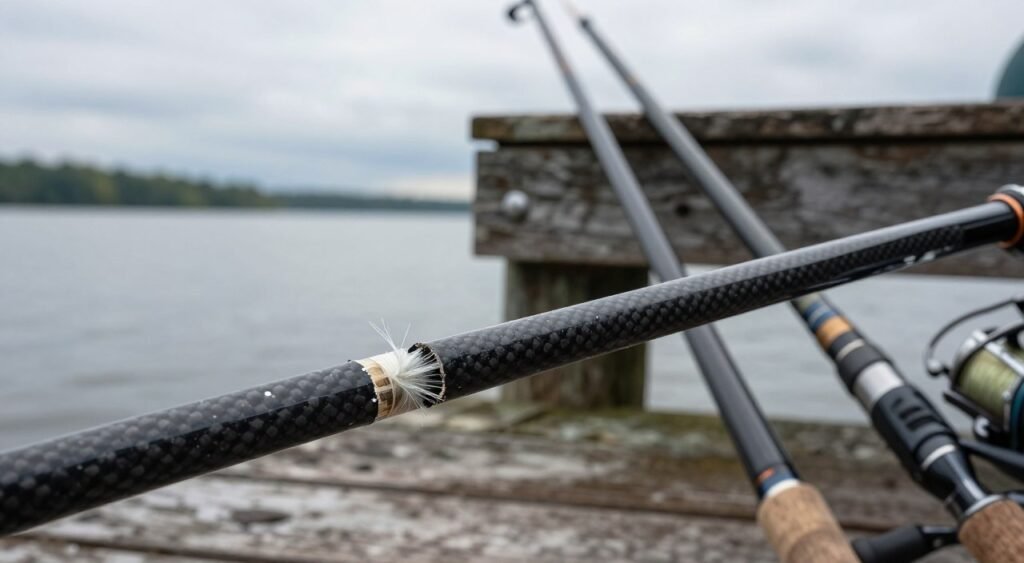 Uma composição detalhada que ilustra as desvantagens das varas de pesca de fibra de vidro em comparação com as de carbono. Em primeiro plano, mostre uma vara de pesca de fibra de vidro quebrada, com as bordas lascadas, enfatizando sua fragilidade. Em segundo plano, exiba várias varas de fibra de vidro encostadas em um cais de madeira desgastado, destacando seu peso maior. Ao fundo, apresente uma vista serena de um lago sob um céu nublado, transmitindo uma atmosfera de decepção e contemplação. Utilize iluminação suave e natural com um leve desfoque no fundo para chamar a atenção para as varas em primeiro plano, ao mesmo tempo que adiciona profundidade à cena. A atmosfera geral deve refletir uma sensação de cautela em relação à durabilidade e usabilidade das varas de pesca de fibra de vidro em contraste com as de carbono.