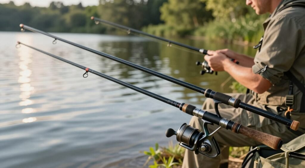 Uma composição detalhada de varas de pesca telescópicas em um cenário sereno ao ar livre. Em primeiro plano, duas varas de pesca elegantes e retráteis se estendem graciosamente, revelando os mecanismos complexos dos carretéis. Em segundo plano, uma cena tranquila à beira de um lago mostra um pescador, vestido casualmente para atividades ao ar livre, examinando a versatilidade das varas. Ao fundo, a água ondulante sob a luz suave do sol, cercada por vegetação exuberante, cria uma atmosfera pacífica. A imagem deve capturar a essência da aventura e da praticidade para viajantes, com um tom acolhedor e convidativo. Utilize luz natural para destacar as características das varas, foque nelas e desfoque levemente o fundo, garantindo profundidade e nitidez à cena.