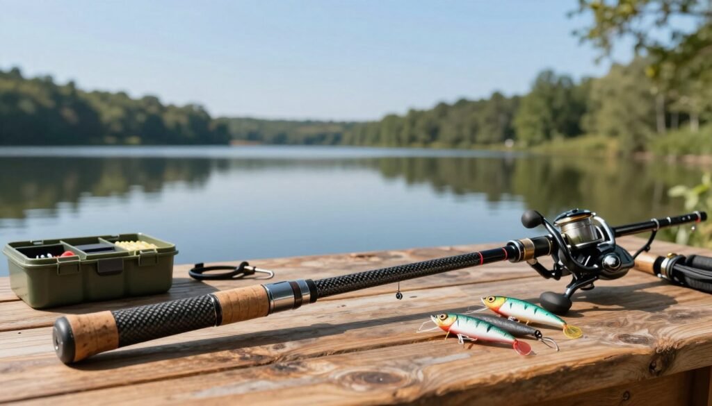 A detailed composition showcasing a high-quality fishing rod made of carbon fibers and fiberglass, placed prominently in the foreground on a rustic wooden table. Surround the rod with essential fishing gear, such as a reel, tackle box, and a selection of lures, all neatly arranged. In the middle ground, depict a serene fishing scene with a calm lake reflecting a clear blue sky and distant trees. The background features soft hills and foliage, creating an idyllic outdoor atmosphere. Use soft, natural lighting to enhance the textures of the fishing rod and equipment, capturing a warm and inviting mood. The shot should be taken from a slightly elevated angle, focusing on the rod and equipment, conveying the initial investment in quality fishing gear. A detailed composition showcasing a high-quality fishing rod made of carbon fibers and fiberglass, placed prominently in the foreground on a rustic wooden table. Surround the rod with essential fishing gear, such as a reel, tackle box, and a selection of lures, all neatly arranged. In the middle ground, depict a serene fishing scene with a calm lake reflecting a clear blue sky and distant trees. The background features soft hills and foliage, creating an idyllic outdoor atmosphere. Use soft, natural lighting to enhance the textures of the fishing rod and equipment, capturing a warm and inviting mood. The shot should be taken from a slightly elevated angle, focusing on the rod and equipment, conveying the initial investment in quality fishing gear.