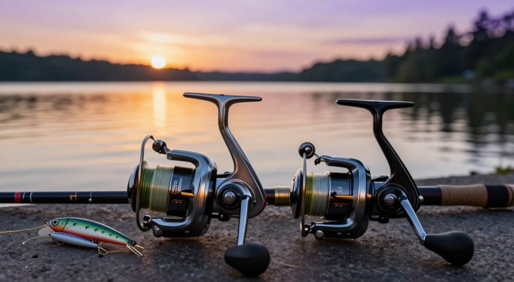 A detailed composition showcasing the contrast between a "molinete" (spinning reel) and a "carretilha" (baitcasting reel) positioned prominently in the foreground. The molinete is designed with a sleek, modern aesthetic, featuring a shiny metallic finish and a smooth spool, while the carretilha displays a robust, functional design with a textured grip and intricate gear details. In the middle ground, realistic fishing lines and lures are artistically arranged, emphasizing the difference in their applications. The background features a serene lake at sunset, with soft golden and purple hues reflecting off the water, creating a tranquil atmosphere. The scene is illuminated by warm ambient lighting, casting gentle shadows that highlight the equipment's features, enhancing the overall mood of exploration and learning in fishing. A detailed composition showcasing the contrast between a "molinete" (spinning reel) and a "carretilha" (baitcasting reel) positioned prominently in the foreground. The molinete is designed with a sleek, modern aesthetic, featuring a shiny metallic finish and a smooth spool, while the carretilha displays a robust, functional design with a textured grip and intricate gear details. In the middle ground, realistic fishing lines and lures are artistically arranged, emphasizing the difference in their applications. The background features a serene lake at sunset, with soft golden and purple hues reflecting off the water, creating a tranquil atmosphere. The scene is illuminated by warm ambient lighting, casting gentle shadows that highlight the equipment's features, enhancing the overall mood of exploration and learning in fishing.