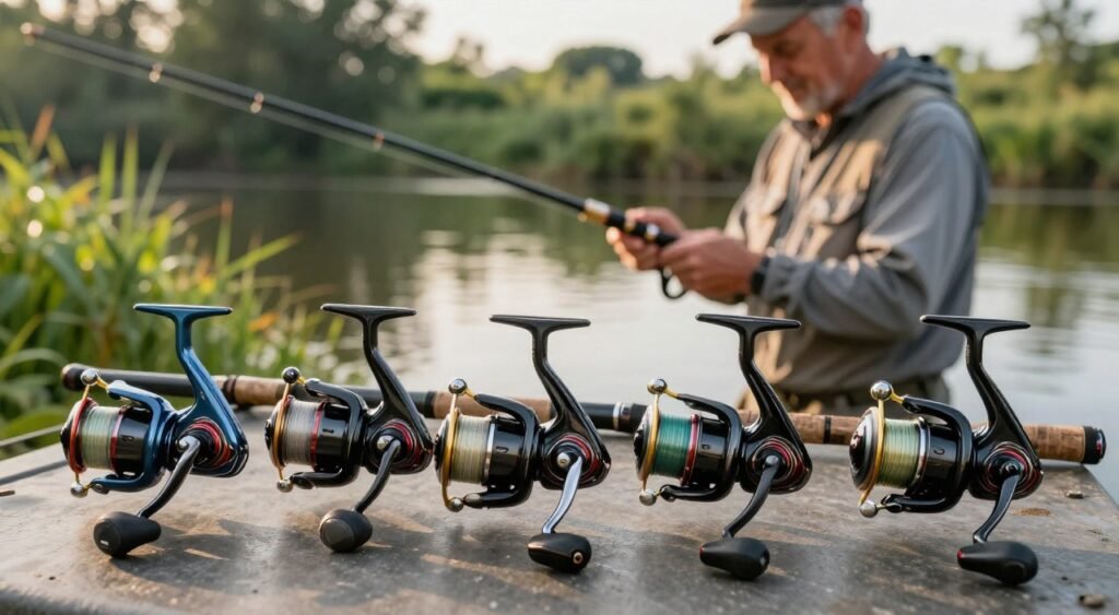 A detailed display of various fishing reel models, specifically designed for Piau fishing. In the foreground, showcase an array of modern spinning reels with different sizes and colors, highlighting their intricate designs and technical features such as ball bearings, drag systems, and gear ratios. In the middle ground, include a master angler examining one of the reels, dressed in modest casual fishing attire, emphasizing the practical use of the equipment. The background should depict a tranquil fishing environment, with a calm river or lake setting surrounded by lush greenery. The lighting should be warm and natural, suggesting an early morning or late afternoon ambiance to evoke a sense of peace and focus on the fishing experience. The angle should be slightly elevated, providing a clear view of both the reels and the angler engaged in thoughtful selection.