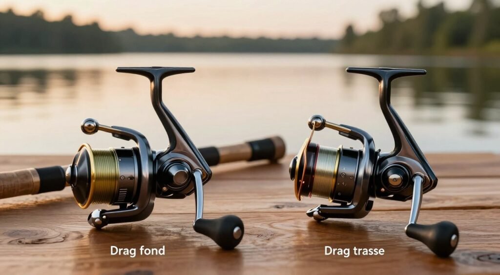 A detailed illustration comparing drag frontal and drag traseiro on a fishing reel. In the foreground, focus on two fishing reels, one showcasing the frontal drag mechanism and the other the traseiro drag system, with clear labels indicating each type. The reels should be positioned on a clean, polished wooden surface, emphasizing their metallic sheen. In the middle background, include a soft blur of a tranquil fishing environment, such as a serene lake with gentle ripples reflecting the evening light. Use warm, golden hour lighting to create a soft, inviting atmosphere. The composition should be shot with a slight overhead angle, capturing the intricate details of the drag systems. No text or branding included. A detailed illustration comparing drag frontal and drag traseiro on a fishing reel. In the foreground, focus on two fishing reels, one showcasing the frontal drag mechanism and the other the traseiro drag system, with clear labels indicating each type. The reels should be positioned on a clean, polished wooden surface, emphasizing their metallic sheen. In the middle background, include a soft blur of a tranquil fishing environment, such as a serene lake with gentle ripples reflecting the evening light. Use warm, golden hour lighting to create a soft, inviting atmosphere. The composition should be shot with a slight overhead angle, capturing the intricate details of the drag systems. No text or branding included.