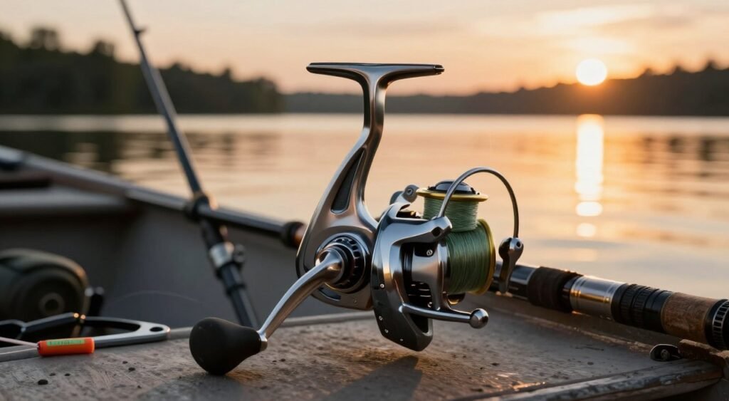 A detailed illustration of a high-quality fishing reel, emphasizing its intricate mechanics and sleek design. In the foreground, showcase the fishing reel with a shiny metallic finish, highlighting features like the smooth handle, precision gears, and line spool. In the middle ground, depict fishing gear, including a fishing rod leaning against a wooden boat, with fishing tackle scattered around. The background should feature a tranquil lake at sunset, with soft reflections on the water and silhouettes of distant trees. Use warm, golden lighting to create a serene and inviting atmosphere, with a shallow depth of field to focus on the fishing reel while gently blurring the surroundings. The overall mood should be relaxing and inspiring, appealing to fishing enthusiasts.