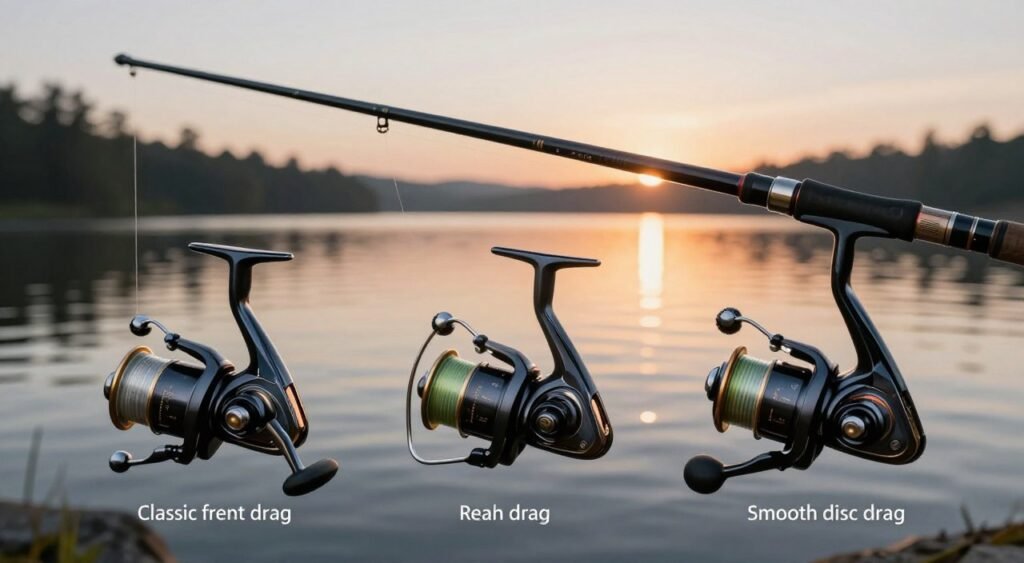 A detailed illustration of various types of fishing reel drag systems, specifically focusing on spinning reels. In the foreground, showcase three distinct drag mechanisms, each labeled with unique features: a classic front drag, a rear drag, and a smooth-disc drag. Use technical drawings and labels, highlighting elements like the drag knob, spring, and washers. In the middle ground, display a well-lit fishing rod with the reels attached, positioned against a backdrop of a serene lakeside scene at sunrise, with gentle reflections on the water. The atmosphere should evoke a sense of calmness and focus, with soft, warm lighting accentuating the details of the reels. Use a shallow depth of field to keep the focus on the drag mechanisms, while softly blurring the background scenery. A detailed illustration of various types of fishing reel drag systems, specifically focusing on spinning reels. In the foreground, showcase three distinct drag mechanisms, each labeled with unique features: a classic front drag, a rear drag, and a smooth-disc drag. Use technical drawings and labels, highlighting elements like the drag knob, spring, and washers. In the middle ground, display a well-lit fishing rod with the reels attached, positioned against a backdrop of a serene lakeside scene at sunrise, with gentle reflections on the water. The atmosphere should evoke a sense of calmness and focus, with soft, warm lighting accentuating the details of the reels. Use a shallow depth of field to keep the focus on the drag mechanisms, while softly blurring the background scenery.