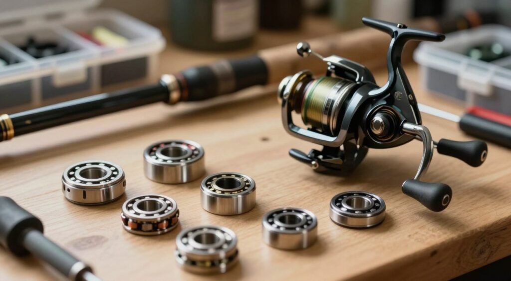 A detailed illustration showcasing various types of fishing reel bearings displayed on a workbench. In the foreground, focus on different bearing types, including stainless steel, ceramic, and hybrid bearings, arranged neatly with slight reflections. The middle ground features an open fishing reel, partially disassembled to reveal its internal workings and bearings, demonstrating how they fit into the assembly. The background includes fishing tools like a rod and tackle box, softly blurred to maintain focus on the bearings. Use warm, natural lighting to create a cozy workshop atmosphere, with a shallow depth of field to emphasize the foreground details. The overall mood should convey a sense of craftsmanship and technical expertise in fishing equipment. Uma ilustração detalhada mostrando vários tipos de rolamentos de carretilhas de pesca dispostos em uma bancada. Em primeiro plano, o foco está nos diferentes tipos de rolamentos, incluindo rolamentos de aço inoxidável, cerâmica e híbridos, organizados cuidadosamente com leves reflexos. O plano intermediário apresenta uma carretilha de pesca aberta, parcialmente desmontada para revelar seu mecanismo interno e os rolamentos, demonstrando como se encaixam na montagem. O fundo inclui ferramentas de pesca, como uma vara e uma caixa de apetrechos, suavemente desfocadas para manter o foco nos rolamentos. Use iluminação natural e quente para criar uma atmosfera aconchegante de oficina, com pouca profundidade de campo para enfatizar os detalhes em primeiro plano. A atmosfera geral deve transmitir uma sensação de habilidade artesanal e conhecimento técnico em equipamentos de pesca.
