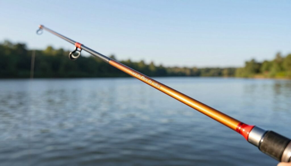 A detailed image of a fiberglass fishing rod, known as "vara de fibra de vidro," prominently displayed in the foreground. The rod showcases its smooth, glossy finish with vibrant colors, reflecting sunlight. In the middle ground, include a blurred background of a serene lakeside scene, with gentle ripples on the water, soft greenery, and a clear blue sky. The lighting should be warm and natural, suggesting a bright, sunny day, enhancing the colors of the rod. Capture the scene from a dynamic angle that emphasizes the length and curvature of the rod, evoking a sense of adventure and precision in fishing. The atmosphere should be tranquil, highlighting the beauty and practicality of fiberglass rods for outdoor enthusiasts. A detailed image of a fiberglass fishing rod, known as "vara de fibra de vidro," prominently displayed in the foreground. The rod showcases its smooth, glossy finish with vibrant colors, reflecting sunlight. In the middle ground, include a blurred background of a serene lakeside scene, with gentle ripples on the water, soft greenery, and a clear blue sky. The lighting should be warm and natural, suggesting a bright, sunny day, enhancing the colors of the rod. Capture the scene from a dynamic angle that emphasizes the length and curvature of the rod, evoking a sense of adventure and precision in fishing. The atmosphere should be tranquil, highlighting the beauty and practicality of fiberglass rods for outdoor enthusiasts.