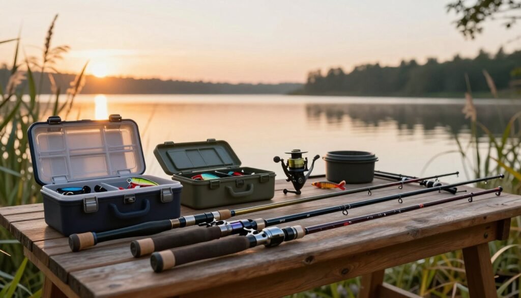 Uma cena detalhada que exibe uma variedade de varas de pesca artisticamente dispostas sobre uma mesa de madeira. Em primeiro plano, uma seleção de varas de pesca para iniciantes, cada uma com cores e designs únicos, está cuidadosamente organizada. No plano intermediário, caixas de pesca, molinetes e iscas são apresentados, enfatizando os equipamentos essenciais para quem está começando. Ao fundo, uma vista serena de um lago com juncos suaves balançando ao vento, sob um céu tranquilo iluminado pela luz dourada do sol da manhã. A composição captura uma sensação de aventura pacífica e expectativa, com um foco suave que convida o observador a explorar o mundo da pesca. A atmosfera é acolhedora e convidativa, perfeita para inspirar iniciantes a escolherem o equipamento certo.