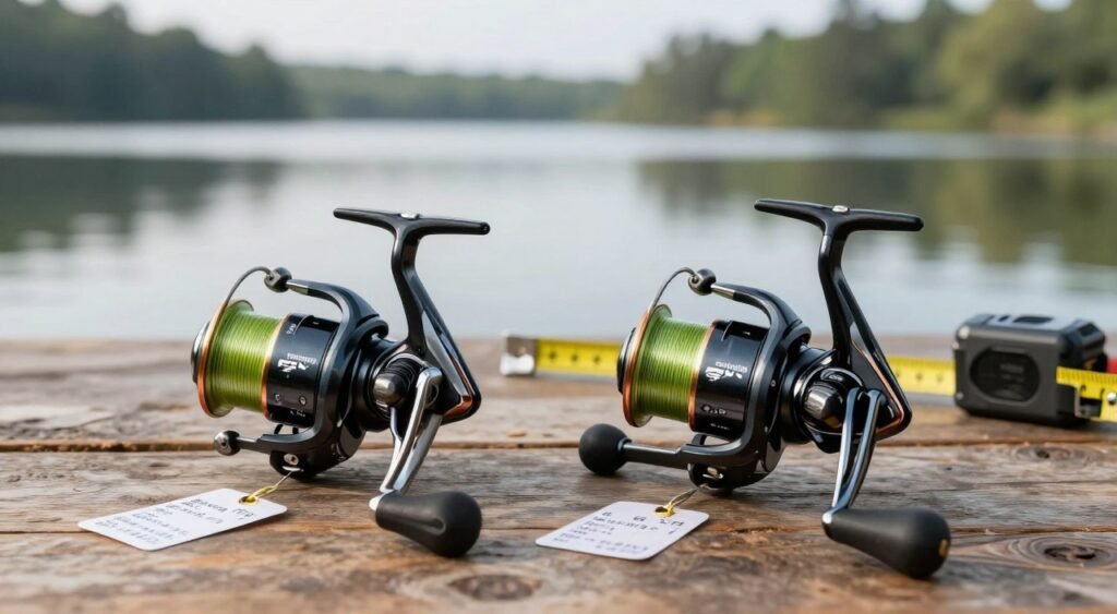 Uma comparação detalhada, lado a lado, dos molinetes de pesca Shimano FX e Nexave, exibidos com destaque em uma mesa rústica de madeira. Em primeiro plano, os molinetes são apresentados, ressaltando suas características únicas, como cor, design e especificações técnicas. Em segundo plano, uma fita métrica e uma etiqueta de preço em cada molinete enfatizam o custo e o valor. O fundo apresenta uma cena serena à beira de um lago, com iluminação natural suave que evoca uma atmosfera calma e reflexiva. Utilize uma profundidade de campo reduzida para manter o foco nos molinetes, enquanto a paisagem pitoresca ao fundo é suavemente desfocada. A atmosfera geral deve transmitir uma sensação de decisão criteriosa, ideal para potenciais compradores que avaliam qualidade e preço.