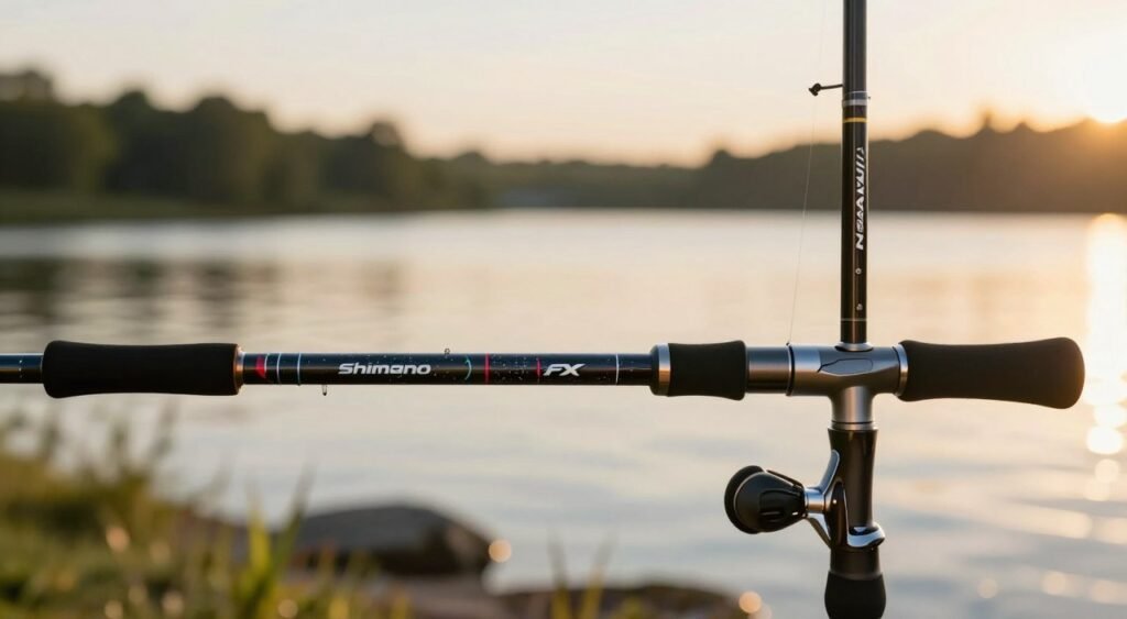 Uma comparação detalhada, lado a lado, de uma vara Shimano FX e uma vara Nexave, destacando seus recursos de design e conforto. A vara Shimano FX deve estar à esquerda, com um design elegante, acabamento impecável, cores vibrantes e uma empunhadura confortável. A vara Nexave está à direita, com um estilo mais tradicional e uma paleta de cores clássica, além de destacar seu cabo ergonômico. Em primeiro plano, observe a textura das empunhaduras e os detalhes de ambas as varas. A seção central apresenta um fundo sutil de um ambiente de pesca ao ar livre, suavemente iluminado pela luz dourada do sol, criando uma atmosfera acolhedora e convidativa. Uma cena desfocada à beira de um lago adiciona profundidade, trazendo serenidade e charme à imagem sem desviar a atenção das varas. O clima geral deve ser de calma e aconchego, perfeito para entusiastas de atividades ao ar livre que estejam considerando a compra de seus próximos equipamentos de pesca.