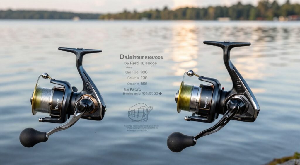 Uma comparação detalhada, lado a lado, dos molinetes de pesca Daiwa Revros e Regal, enfatizando suas características e inovações exclusivas. Em primeiro plano, destaque ambos os modelos, capturando seus designs elegantes e variações de cores. O Revros deve ter um visual moderno com detalhes metálicos, enquanto o Regal exibe uma estética clássica. Em segundo plano, ilustre suas especificações técnicas, como relações de transmissão e sistemas de fricção, representadas por diagramas ou infográficos sutis. O fundo retrata um cenário sereno à beira de um lago, com ondas suaves refletindo a luz do sol, intensificando a atmosfera de pesca. Utilize iluminação suave e natural para evocar um clima calmo e convidativo. O ângulo deve enfatizar a usabilidade, fazendo com que ambos os molinetes pareçam prontos para a ação.