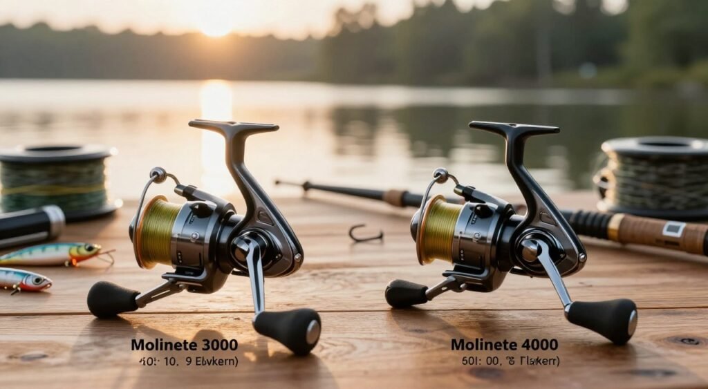 A detailed side-by-side comparison of two fishing reels, the Molinete 3000 and Molinete 4000, set against a polished wooden table. In the foreground, showcase the reels prominently, highlighting their features, such as the spool, handle, and drag system, with clear labeling of technical specifications underneath each reel. In the middle, create a blurred effect of fishing accessories like lines, hooks, and lures to provide context. In the background, a serene lake scene at dawn, with soft sunlight filtering through trees, creating a peaceful atmosphere. Use warm natural lighting to enhance the image, captured at eye level for a professional and informative feel. The overall mood should be one of clarity and focus on the reels' details. Uma comparação detalhada lado a lado de dois molinetes — o modelo 3000 e o modelo 4000 — dispostos sobre uma mesa de madeira polida. Em primeiro plano, os molinetes aparecem em destaque, evidenciando características como o carretel, a manivela e o sistema de freio (drag), com as especificações técnicas claramente indicadas abaixo de cada um. Ao centro, acessórios de pesca — como linhas, anzóis e iscas — surgem com um efeito desfocado para contextualizar a cena. Ao fundo, vê-se um lago sereno ao amanhecer, com a luz suave do sol filtrada pelas árvores, criando uma atmosfera de tranquilidade. A iluminação natural e quente valoriza a imagem, capturada na altura dos olhos para transmitir um ar profissional e informativo. O clima geral é de nitidez, com foco total nos detalhes dos equipamentos.