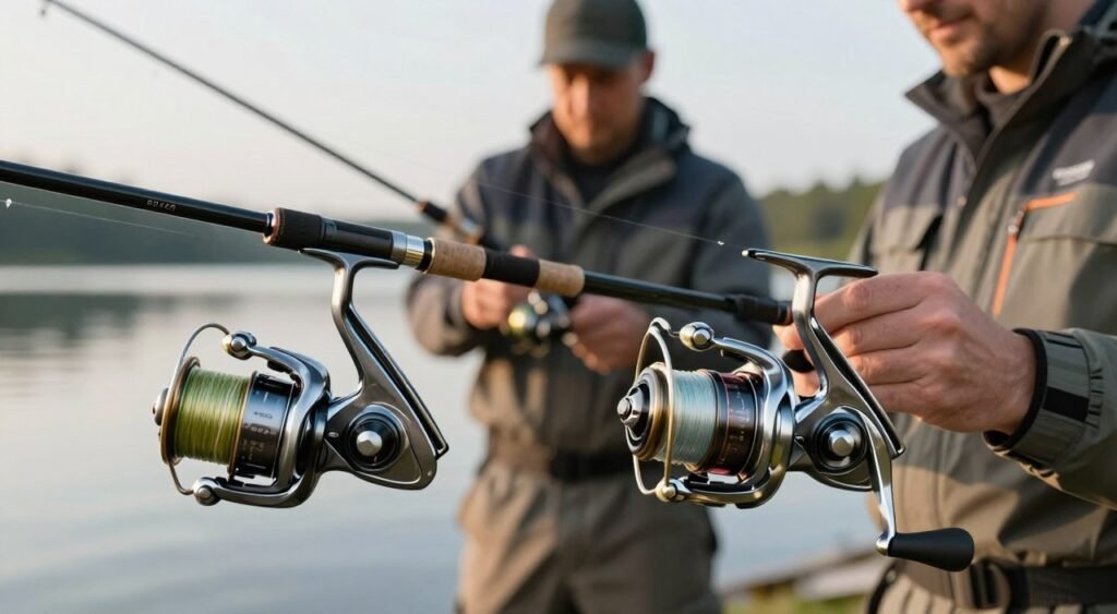 A detailed study of fishing reels, focusing on side-by-side comparisons of two models: a Molinete 3000 and a Molinete 4000. Position the reels prominently in the foreground, showcasing their shiny metallic finishes and intricate details like gear mechanisms and line spool designs. In the middle ground, display an angler in professional fishing attire, carefully inspecting and holding each reel, embodying a thoughtful decision-making process. The background should suggest a serene lakeside setting, with soft, natural lighting creating a tranquil atmosphere, reflecting the peacefulness of fishing. Use a shallow depth of field to keep emphasis on the reels and the angler, while softly blurring the background elements. The overall mood should convey a sense of careful consideration and expertise, inviting viewers to ponder their ideal fishing gear choice. Um estudo detalhado de molinetes de pesca, com foco na comparação lado a lado de dois modelos: um tamanho 3000 e um tamanho 4000. Posicione os molinetes em destaque no primeiro plano, evidenciando seus acabamentos metálicos brilhantes e detalhes minuciosos, como os mecanismos de engrenagem e o design dos carretéis. No plano intermediário, mostre um pescador com vestimenta profissional, examinando e segurando cuidadosamente cada molinete, transmitindo a ideia de um processo de decisão ponderado. O fundo deve sugerir um cenário sereno à beira de um lago, com iluminação natural suave criando uma atmosfera tranquila que reflete a paz da atividade de pescar. Utilize uma profundidade de campo reduzida para manter o foco nos molinetes e no pescador, desfocando suavemente os elementos do fundo. A atmosfera geral deve transmitir uma sensação de análise criteriosa e expertise, convidando o espectador a refletir sobre a escolha do equipamento de pesca ideal.
