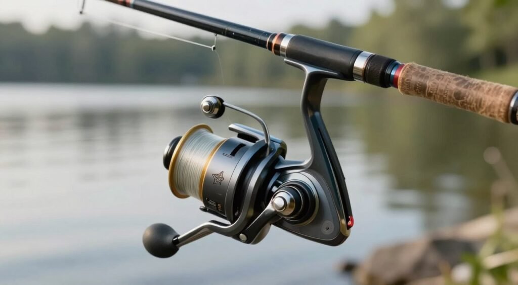 A detailed technical illustration of a fishing reel brake system, focusing on the drag mechanism. In the foreground, showcase a close-up view of the intricate components of the drag system, including a spool, drag washers, and a star drag adjuster, highlighting their textures and materials. In the middle ground, include a fishing rod partially visible, emphasizing the connection between the rod and the reel. The background can feature a blurred out fishing environment, such as a serene lake or river, creating a calming atmosphere. Soft natural light filters through the trees, illuminating the components with a gentle glow, capturing the sense of precision and craftsmanship in fishing gear. Use a shallow depth of field to keep the focus on the drag mechanism. A detailed technical illustration of a fishing reel brake system, focusing on the drag mechanism. In the foreground, showcase a close-up view of the intricate components of the drag system, including a spool, drag washers, and a star drag adjuster, highlighting their textures and materials. In the middle ground, include a fishing rod partially visible, emphasizing the connection between the rod and the reel. The background can feature a blurred out fishing environment, such as a serene lake or river, creating a calming atmosphere. Soft natural light filters through the trees, illuminating the components with a gentle glow, capturing the sense of precision and craftsmanship in fishing gear. Use a shallow depth of field to keep the focus on the drag mechanism.