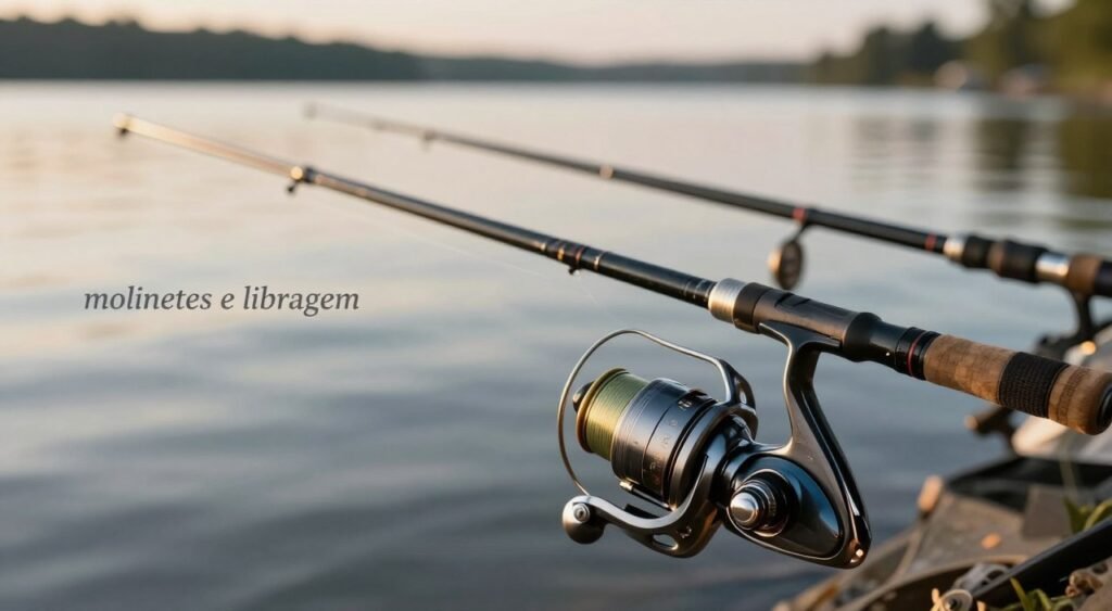 A detailed view of fishing equipment focusing on "molinetes e libragem" with a fishing reel prominently displayed in the foreground, showcasing its intricate mechanics and shiny metallic finish. In the middle ground, various fishing rods with different libragem weights lie arranged against a soft, blurred backdrop of a tranquil lakeside scene. The background features gentle ripples on the water under warm, golden hour lighting, creating a serene atmosphere. A slight bokeh effect emphasizes the fishing gear, enhancing the focus on the reel and rods. The image captures a sense of adventure and craftsmanship, inviting viewers to explore the world of fishing gear. The overall mood is calm and inviting, highlighting the beauty of the sport. Uma visão detalhada de equipamentos de pesca com foco em "molinetes e libragem" (carretilhas e molinetes), com uma carretilha em destaque no primeiro plano, exibindo sua mecânica intrincada e acabamento metálico brilhante. No plano médio, diversas varas de pesca com diferentes pesos de libragem estão dispostas contra um fundo suave e desfocado de uma tranquila paisagem à beira de um lago. O fundo apresenta ondulações suaves na água sob a luz quente do pôr do sol, criando uma atmosfera serena. Um leve efeito bokeh enfatiza os equipamentos de pesca, realçando o foco na carretilha e nas varas. A imagem captura uma sensação de aventura e habilidade artesanal, convidando os espectadores a explorar o mundo dos equipamentos de pesca. O clima geral é calmo e convidativo, destacando a beleza do esporte.