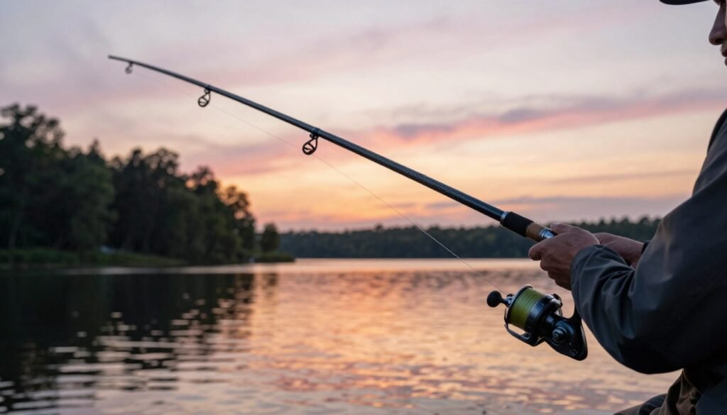 A high-quality close-up of a fishing rod in action, showcasing the flex and sensitivity of the carbon or fiberglass material. In the foreground, a skilled angler, dressed in professional fishing attire, is reeling in a line, their focus evident. The rod arcs gracefully, demonstrating its responsive action against the backdrop of a serene lake at sunset, the water reflecting warm hues of orange and pink. In the middle ground, silhouettes of distant trees frame the scene, while in the background, soft clouds drift across the sky. Use soft, natural lighting to enhance the tranquil mood, and employ a shallow depth of field to keep the focus on the rod and angler, illustrating the intricacies of fishing gear and technique. A high-quality close-up of a fishing rod in action, showcasing the flex and sensitivity of the carbon or fiberglass material. In the foreground, a skilled angler, dressed in professional fishing attire, is reeling in a line, their focus evident. The rod arcs gracefully, demonstrating its responsive action against the backdrop of a serene lake at sunset, the water reflecting warm hues of orange and pink. In the middle ground, silhouettes of distant trees frame the scene, while in the background, soft clouds drift across the sky. Use soft, natural lighting to enhance the tranquil mood, and employ a shallow depth of field to keep the focus on the rod and angler, illustrating the intricacies of fishing gear and technique.