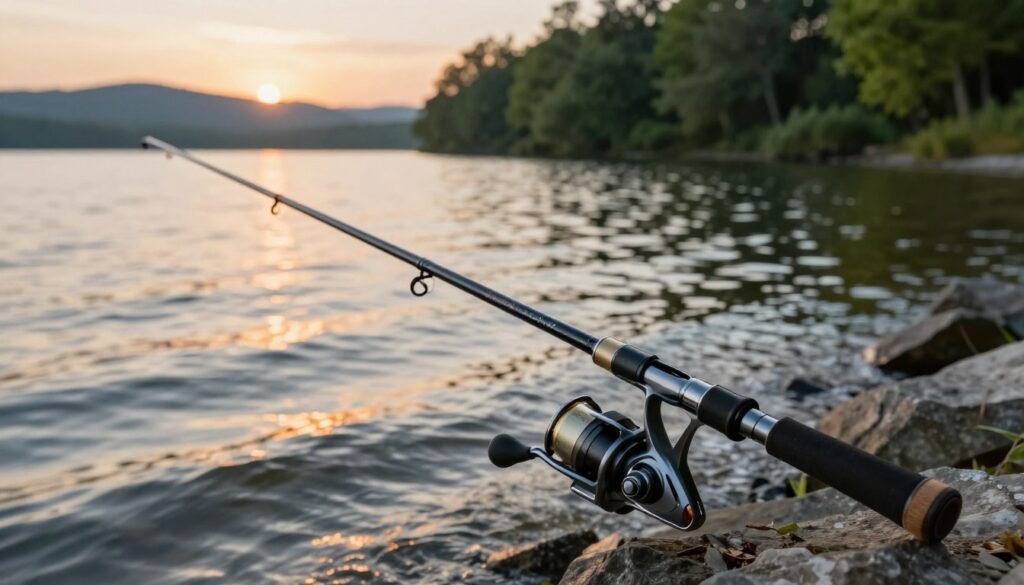 A high-quality fishing rod displayed prominently in the foreground, showcasing its sleek design and features such as the grip and reel. The middle ground features a serene lakeside setting with gentle waves, reflecting a warm sunset glow that highlights the fishing rod. In the background, lush greenery and distant hills provide a natural ambiance, enhancing the overall tranquility of the scene. The composition is captured from a slightly elevated angle, emphasizing the details of the fishing rod while blending nicely with the serene environment. The lighting should be soft, with a golden hue that creates an inviting and peaceful atmosphere, perfect for highlighting the benefits of this fishing rod. Uma vara de pesca de alta qualidade é exibida com destaque em primeiro plano, exibindo seu design elegante e recursos como o cabo e o molinete. O plano intermediário apresenta um cenário sereno à beira de um lago com ondas suaves, refletindo o brilho quente do pôr do sol que realça a vara de pesca. Ao fundo, a vegetação exuberante e as colinas distantes proporcionam um ambiente natural, reforçando a tranquilidade da cena. A composição foi capturada de um ângulo ligeiramente elevado, enfatizando os detalhes da vara de pesca e integrando-se harmoniosamente ao ambiente sereno. A iluminação deve ser suave, com um tom dourado que cria uma atmosfera convidativa e pacífica, perfeita para destacar os benefícios desta vara de pesca.