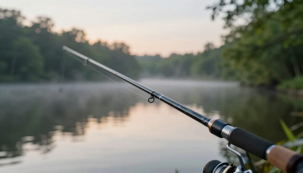 A high-quality fishing rod prominently displayed in the foreground, showcasing its sleek design and durable materials with a focus on its ergonomic grip and sensitive tip. The middle ground features a tranquil lake scene at dawn, with soft light reflecting off the water's surface, illuminating the rod. Lush green trees frame the backdrop, creating a serene and natural atmosphere. A subtle mist hangs in the air, enhancing the peaceful vibe. The scene is captured with a shallow depth of field, emphasizing the fishing rod while slightly blurring the background, creating a sense of depth. The overall mood is serene and contemplative, perfect for highlighting essential criteria for choosing a cost-effective fishing rod. Uma vara de pesca de alta qualidade é exibida em primeiro plano, destacando seu design elegante e materiais duráveis, com foco na empunhadura ergonômica e na ponta sensível. O plano intermediário apresenta uma cena tranquila de um lago ao amanhecer, com a luz suave refletindo na superfície da água e iluminando a vara. Árvores verdejantes emolduram o cenário, criando uma atmosfera serena e natural. Uma névoa sutil paira no ar, reforçando a sensação de paz. A cena foi capturada com pouca profundidade de campo, enfatizando a vara de pesca e desfocando levemente o fundo, criando uma sensação de profundidade. O clima geral é sereno e contemplativo, perfeito para destacar critérios essenciais na escolha de uma vara de pesca com bom custo-benefício.