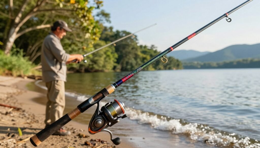 A high-quality fishing rod specifically designed for tucunaré fishing, displayed prominently in the foreground. The rod features a sleek, ergonomic design with vibrant colors and durable materials, showcasing its special features like guides and reel seat. In the middle ground, an angler in modest, casual attire is seen preparing the rod near a tranquil freshwater lake, surrounded by lush greenery and soft sunlight filtering through the trees. In the background, gentle waves are lapping at the shore, with distant mountains under a clear sky, creating a serene atmosphere. The scene is captured from a low angle, enhancing the prominence of the rod while evoking a sense of adventure and excitement. Natural, warm lighting enhances the vivid colors of the rod and the surrounding nature. A high-quality fishing rod specifically designed for tucunaré fishing, displayed prominently in the foreground. The rod features a sleek, ergonomic design with vibrant colors and durable materials, showcasing its special features like guides and reel seat. In the middle ground, an angler in modest, casual attire is seen preparing the rod near a tranquil freshwater lake, surrounded by lush greenery and soft sunlight filtering through the trees. In the background, gentle waves are lapping at the shore, with distant mountains under a clear sky, creating a serene atmosphere. The scene is captured from a low angle, enhancing the prominence of the rod while evoking a sense of adventure and excitement. Natural, warm lighting enhances the vivid colors of the rod and the surrounding nature.