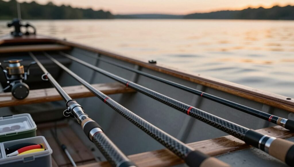 A high-quality image showcasing a variety of carbon fishing rods elegantly displayed. In the foreground, focus on three distinct carbon fishing rods, emphasizing their sleek design and modern features, with some reflecting light to highlight their craftsmanship. The middle ground should feature a wooden fishing boat, subtly hinting at an authentic fishing environment, while scattered fishing gear like reels and bait boxes add context. In the background, a serene lake with gentle ripples under a soft golden sunset creates a tranquil atmosphere. The lighting should be warm and inviting, enhancing the textures of the rods and the natural surroundings. Use a shallow depth of field to draw attention to the rods while maintaining a pleasing blur on the background elements. A high-quality image showcasing a variety of carbon fishing rods elegantly displayed. In the foreground, focus on three distinct carbon fishing rods, emphasizing their sleek design and modern features, with some reflecting light to highlight their craftsmanship. The middle ground should feature a wooden fishing boat, subtly hinting at an authentic fishing environment, while scattered fishing gear like reels and bait boxes add context. In the background, a serene lake with gentle ripples under a soft golden sunset creates a tranquil atmosphere. The lighting should be warm and inviting, enhancing the textures of the rods and the natural surroundings. Use a shallow depth of field to draw attention to the rods while maintaining a pleasing blur on the background elements.