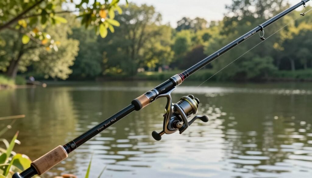 A highly detailed depiction of the Vara Saint Plus fishing rod, elegantly displayed in the foreground. The rod is vivid and showcases its sleek design, with multiple guides and the distinctive reel seat highlighted. In the middle ground, include a tranquil lakeside backdrop featuring gentle ripples on the water's surface, with lush green trees framing the scene. Soft, golden sunlight filters through the leaves, casting dappled light that enhances the mood of serenity and anticipation. The composition should be captured at a slightly elevated angle, providing a comprehensive view of the rod's craftsmanship and the peaceful environment. The overall atmosphere is calm and inviting, perfect for an article about fishing equipment. Uma representação altamente detalhada da vara de pesca Vara Saint Plus, elegantemente exibida em primeiro plano. A vara é vívida e destaca seu design elegante, com múltiplos passadores e o distinto assento do molinete em evidência. Em segundo plano, um cenário tranquilo à beira de um lago apresenta suaves ondulações na superfície da água, com árvores verdejantes emoldurando a cena. A luz suave e dourada do sol filtra-se através das folhas, projetando uma luz salpicada que intensifica a sensação de serenidade e expectativa. A composição deve ser capturada em um ângulo ligeiramente elevado, proporcionando uma visão abrangente do acabamento da vara e do ambiente pacífico. A atmosfera geral é calma e convidativa, perfeita para um artigo sobre equipamentos de pesca.