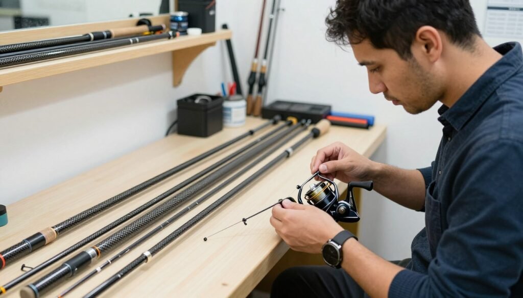 A professional setting depicting a skilled technician performing maintenance on a carbon fishing rod. In the foreground, the technician, dressed in smart casual attire, is focused on checking the rod's guides and reel seat, carefully examining the components with precision tools. The middle ground features various carbon rods neatly arranged on a workbench, showcasing their sleek design and characteristics. In the background, a well-lit workshop environment with shelves of fishing gear and equipment highlights the craftsmanship. The lighting is bright and even, emphasizing clarity and detail. The atmosphere is one of diligence and professionalism, creating an engaging visual representation of care and maintenance for fishing rods. A professional setting depicting a skilled technician performing maintenance on a carbon fishing rod. In the foreground, the technician, dressed in smart casual attire, is focused on checking the rod's guides and reel seat, carefully examining the components with precision tools. The middle ground features various carbon rods neatly arranged on a workbench, showcasing their sleek design and characteristics. In the background, a well-lit workshop environment with shelves of fishing gear and equipment highlights the craftsmanship. The lighting is bright and even, emphasizing clarity and detail. The atmosphere is one of diligence and professionalism, creating an engaging visual representation of care and maintenance for fishing rods.