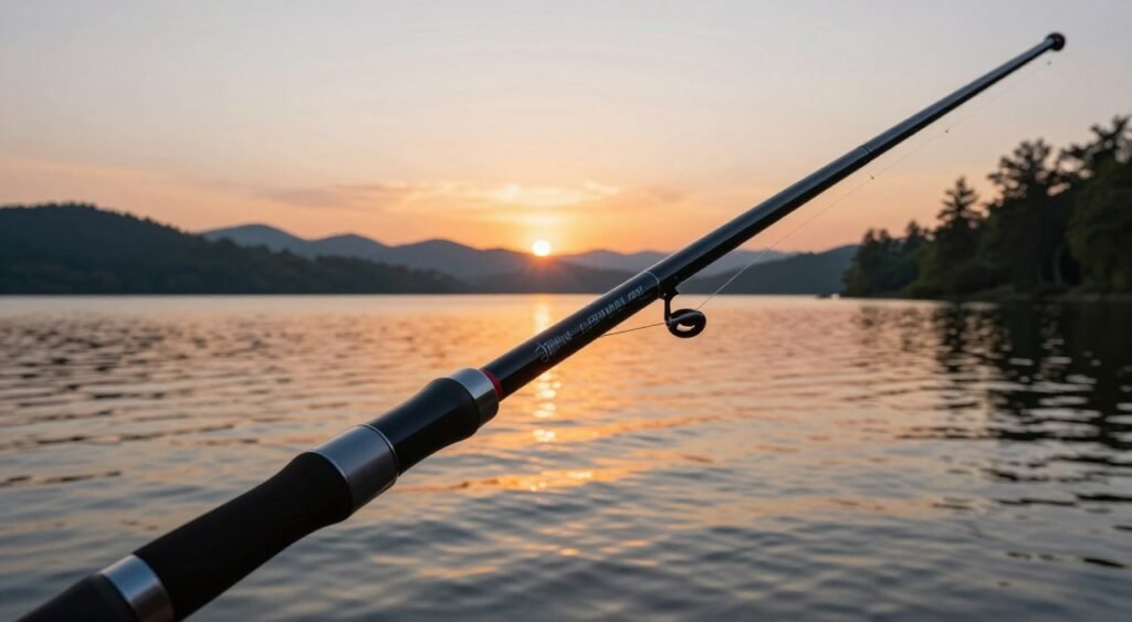 Uma ilustração realista e detalhada de uma vara de pesca de fibra de vidro de alta qualidade, exibida com destaque em primeiro plano, mostrando seu design elegante e durabilidade. A vara deve estar em um cenário externo sereno, com um lago calmo e suaves ondulações que refletem um pôr do sol vibrante, projetando tons quentes sobre a cena. Ao fundo, inclua silhuetas de árvores e montanhas distantes para adicionar profundidade. A iluminação deve ser suave e quente, enfatizando a textura lisa e a flexibilidade da vara. Capture a cena de um ângulo ligeiramente elevado para destacar a vara, transmitindo uma sensação de tranquilidade. O clima geral deve ser pacífico e convidativo, ressaltando as vantagens das varas de fibra de vidro na pesca.
