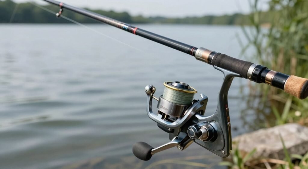 A realistic and detailed image of a medium fishing reel (molinete) designed for fishing with moderate-sized fish. The foreground features a close-up view of the reel, highlighting its intricate mechanisms and metal finish. In the middle ground, a fishing rod is angled slightly, showcasing the reel attached with a fishing line extending outwards. The background consists of a serene lake scene with gentle waves and green vegetation lining the shore, indicating an ideal fishing spot. Soft, natural lighting creates a calm atmosphere, emphasizing the tranquility of fishing. Use a shallow depth of field to keep the focus on the reel while subtly blurring the background, evoking a peaceful fishing experience. Uma imagem realista e detalhada de um molinete de porte médio, projetado para a pesca de peixes de tamanho moderado. Em primeiro plano, vê-se o molinete em close-up, destacando seus mecanismos complexos e o acabamento metálico. No plano intermediário, uma vara de pesca aparece levemente inclinada, exibindo o molinete acoplado e a linha de pesca estendendo-se para fora. O fundo apresenta a cena serena de um lago, com ondas suaves e vegetação verde margeando a orla, sugerindo um local de pesca ideal. Uma iluminação natural e suave cria uma atmosfera de calma, ressaltando a tranquilidade da atividade. Utiliza-se uma profundidade de campo reduzida para manter o foco no molinete enquanto o fundo é sutilmente desfocado, evocando uma experiência de pesca pacífica.
