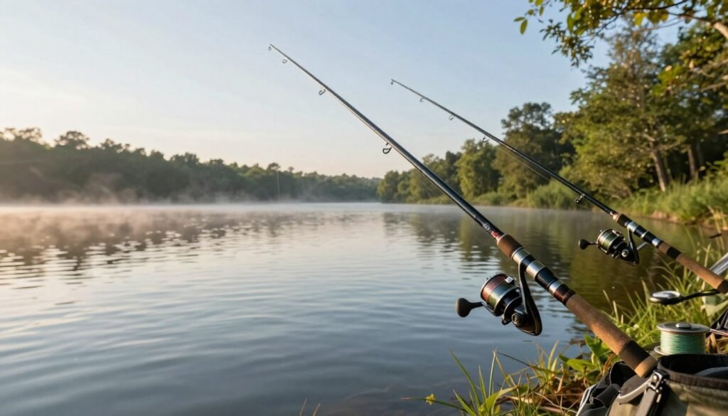 Uma paisagem serena de pesca que ilustra o processo de escolha de uma vara de pesca. Em primeiro plano, uma exibição detalhada de várias varas de pesca, com diferentes comprimentos e materiais, destacando carretéis robustos e linhas coloridas. Em segundo plano, um lago calmo reflete a suave luz da manhã, com ondulações delicadas que criam uma atmosfera tranquila. Ao fundo, a vegetação exuberante e as árvores proporcionam um cenário natural, enquanto um céu azul claro sugere a tranquilidade de um dia perfeito de pesca. A cena é capturada com uma luz quente e convidativa para evocar uma sensação de calma e concentração, utilizando uma lente grande angular para abranger todo o ambiente. O clima geral é de paz e contemplação, incorporando a essência da seleção da vara de pesca perfeita.