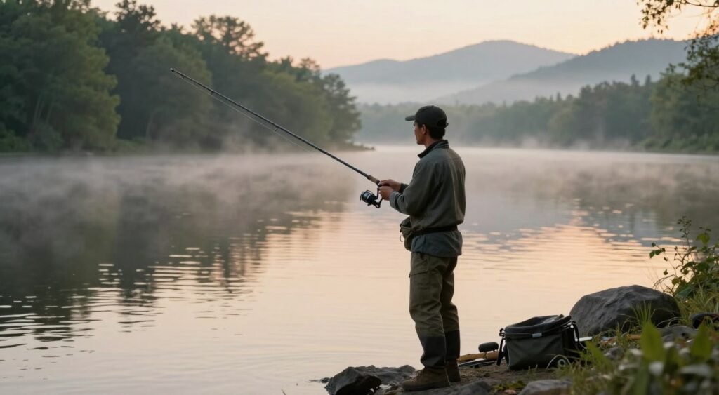 A serene fishing scene centered around a fishing rod setup on a tranquil lakeshore at dawn. In the foreground, a skilled angler in modest casual clothing is attentively observing the line tension and rod sensitivity, showcasing the importance of rod strength in fishing. The mid-ground features a calm, reflective lake surface with gentle ripples, while soft morning light illuminates the scene, creating warm golden hues. The background is adorned with lush green trees and distant mountains shrouded in mist, enhancing the atmosphere of peace and focus. The angle captures the fishery in its entirety, drawing viewers into the moment of fishing anticipation. The mood is calm yet filled with excitement, reflecting the connection between angler and nature. Uma cena serena de pesca centrada em uma vara de pesca montada na margem tranquila de um lago ao amanhecer. Em primeiro plano, um pescador habilidoso, vestido casualmente, observa atentamente a tensão da linha e a sensibilidade da vara, demonstrando a importância da resistência da vara na pesca. O plano intermediário apresenta a superfície calma e reflexiva do lago com ondulações suaves, enquanto a luz suave da manhã ilumina a cena, criando tons dourados e quentes. O fundo é adornado por árvores verdejantes e montanhas distantes envoltas em névoa, intensificando a atmosfera de paz e concentração. O ângulo captura a pescaria em sua totalidade, transportando o espectador para o momento de expectativa da pesca. O clima é calmo, porém repleto de entusiasmo, refletindo a conexão entre o pescador e a natureza.