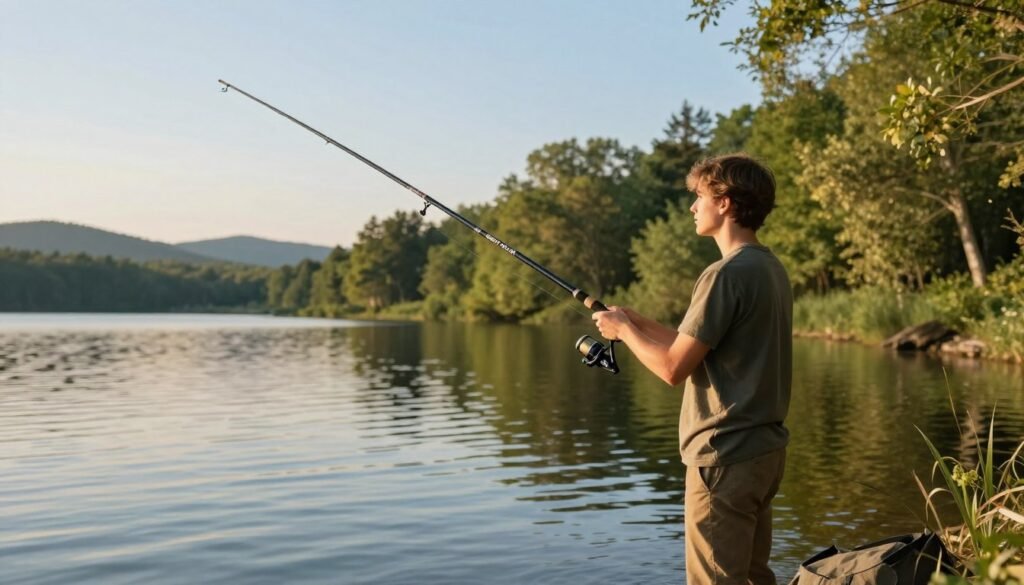 A serene fishing scene focused on a beginner angler using a Saint Plus fishing rod. In the foreground, the angler, a young adult wearing modest casual clothes, is standing beside a small, calm lake, intently casting their line. The fishing rod is sleek and modern, with noticeable details like the reel and guiding eyes. In the middle ground, gentle ripples in the water reflect the late afternoon sun, casting a warm golden hue over the setting. The background features lush green trees and distant hills under a clear blue sky. Soft, natural lighting enhances the peaceful atmosphere, aiming to evoke a sense of tranquility and excitement for beginner anglers. The overall mood is one of exploration and connection with nature. Uma cena serena de pesca, com foco em um pescador iniciante usando uma vara de pesca Saint Plus. Em primeiro plano, o pescador, um jovem adulto vestindo roupas casuais discretas, está em pé ao lado de um pequeno lago calmo, lançando sua linha com atenção. A vara de pesca é elegante e moderna, com detalhes notáveis como o molinete e os passadores. Em segundo plano, suaves ondulações na água refletem o sol do final da tarde, lançando um tom dourado e quente sobre a paisagem. Ao fundo, árvores verdejantes e colinas distantes sob um céu azul claro. A iluminação suave e natural realça a atmosfera pacífica, buscando evocar uma sensação de tranquilidade e entusiasmo para pescadores iniciantes. O clima geral é de exploração e conexão com a natureza.