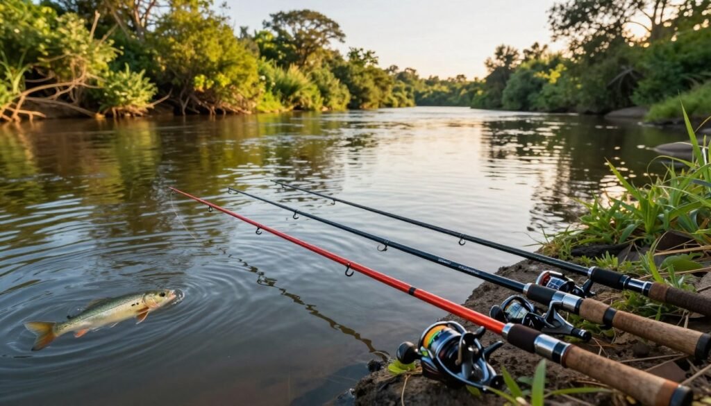 A serene fishing scene showcasing the best fishing rods for Tucunaré. In the foreground, display an assortment of sleek, high-quality fishing rods, elegantly arranged with vibrant colors and various designs, reflecting their capability in catching Tucunaré. In the middle ground, depict a calm river surrounded by lush greenery and gentle rippling water, with hints of Tucunaré fish breaching the surface. In the background, include distant trees bathed in warm sunlight, casting soft shadows on the water. The lighting should evoke a tranquil late afternoon atmosphere, while the angle captures a dynamic view that emphasizes the rods and their surroundings. The overall mood is peaceful and inviting, ideal for a fishing enthusiast's paradise. A serene fishing scene showcasing the best fishing rods for Tucunaré. In the foreground, display an assortment of sleek, high-quality fishing rods, elegantly arranged with vibrant colors and various designs, reflecting their capability in catching Tucunaré. In the middle ground, depict a calm river surrounded by lush greenery and gentle rippling water, with hints of Tucunaré fish breaching the surface. In the background, include distant trees bathed in warm sunlight, casting soft shadows on the water. The lighting should evoke a tranquil late afternoon atmosphere, while the angle captures a dynamic view that emphasizes the rods and their surroundings. The overall mood is peaceful and inviting, ideal for a fishing enthusiast's paradise.