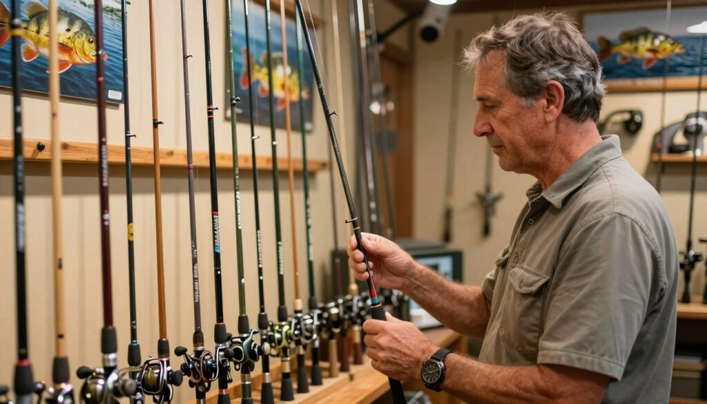 A serene fishing shop environment showcasing various fishing rods specifically designed for Tucunaré fishing. In the foreground, a well-dressed fishing expert examines a medium-action fishing rod with a focused and thoughtful expression, dressed in professional, modest casual clothing. In the middle ground, several neatly arranged rods of different lengths, styles, and colors are displayed on wooden racks, highlighting their unique features. The background captures warm ambient lighting, emphasizing a cozy atmosphere with other fishing gear and picturesque images of Tucunaré in action on the walls. The scene is composed with a soft focus, inviting viewers into the detailed world of selecting the perfect fishing rod, evoking a sense of expertise and passion for fishing. A serene fishing shop environment showcasing various fishing rods specifically designed for Tucunaré fishing. In the foreground, a well-dressed fishing expert examines a medium-action fishing rod with a focused and thoughtful expression, dressed in professional, modest casual clothing. In the middle ground, several neatly arranged rods of different lengths, styles, and colors are displayed on wooden racks, highlighting their unique features. The background captures warm ambient lighting, emphasizing a cozy atmosphere with other fishing gear and picturesque images of Tucunaré in action on the walls. The scene is composed with a soft focus, inviting viewers into the detailed world of selecting the perfect fishing rod, evoking a sense of expertise and passion for fishing.