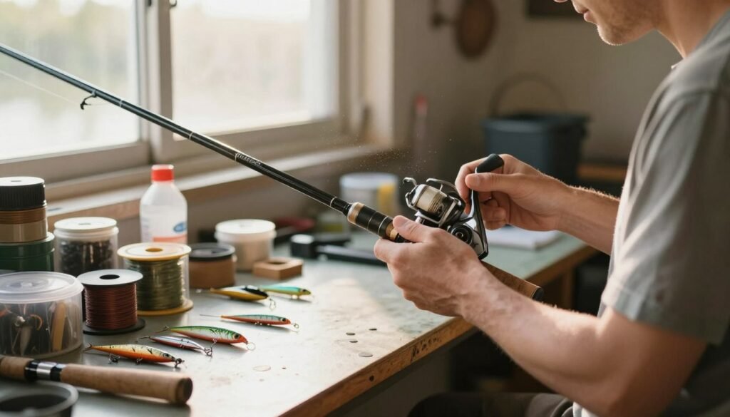 A serene fishing workshop scene with a focus on the maintenance of a fishing rod, specifically for Tucunaré fishing. In the foreground, a well-organized workbench with fishing tools, lures, and a clean, shiny Tucunaré fishing rod being expertly handled by a person in modest casual clothing. The person is carefully inspecting the rod and lubricating the reel, showcasing attention to detail. In the middle ground, containers filled with fishing supplies, spools of line, and cleaning materials are neatly arranged. The background features a sunlit window with a soft, warm light streaming in, illuminating dust motes in the air and creating an inviting, focused atmosphere. The composition emphasizes craftsmanship and care in fishing equipment maintenance while capturing a peaceful, productive environment. A serene fishing workshop scene with a focus on the maintenance of a fishing rod, specifically for Tucunaré fishing. In the foreground, a well-organized workbench with fishing tools, lures, and a clean, shiny Tucunaré fishing rod being expertly handled by a person in modest casual clothing. The person is carefully inspecting the rod and lubricating the reel, showcasing attention to detail. In the middle ground, containers filled with fishing supplies, spools of line, and cleaning materials are neatly arranged. The background features a sunlit window with a soft, warm light streaming in, illuminating dust motes in the air and creating an inviting, focused atmosphere. The composition emphasizes craftsmanship and care in fishing equipment maintenance while capturing a peaceful, productive environment.
