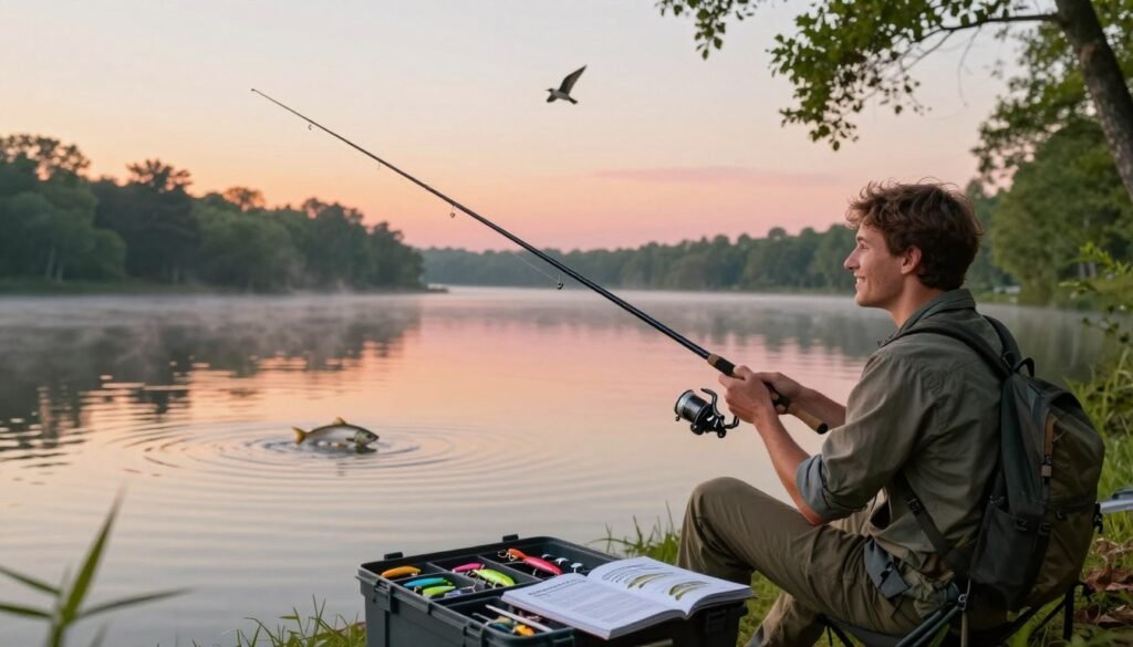 Uma cena serena à beira de um lago ao nascer do sol, ilustrando dicas práticas de pesca. Em primeiro plano, um pescador iniciante, vestido com roupas casuais e discretas, prepara cuidadosamente uma vara de pesca com um sorriso de expectativa. Em segundo plano, uma caixa de pesca bem organizada com iscas coloridas e um guia de técnicas de pesca à mostra. Ao fundo, a água calma reflete os suaves tons de laranja e rosa do céu, com ondulações delicadas causadas pelos saltos de peixes distantes. Árvores verdejantes emolduram a cena, com alguns pássaros matinais planando acima. Utilize uma iluminação suave e natural para evocar uma atmosfera pacífica e esperançosa, capturando a alegria da primeira experiência de pesca. A imagem deve ser vibrante, porém tranquila, transmitindo entusiasmo e clareza para pescadores iniciantes.