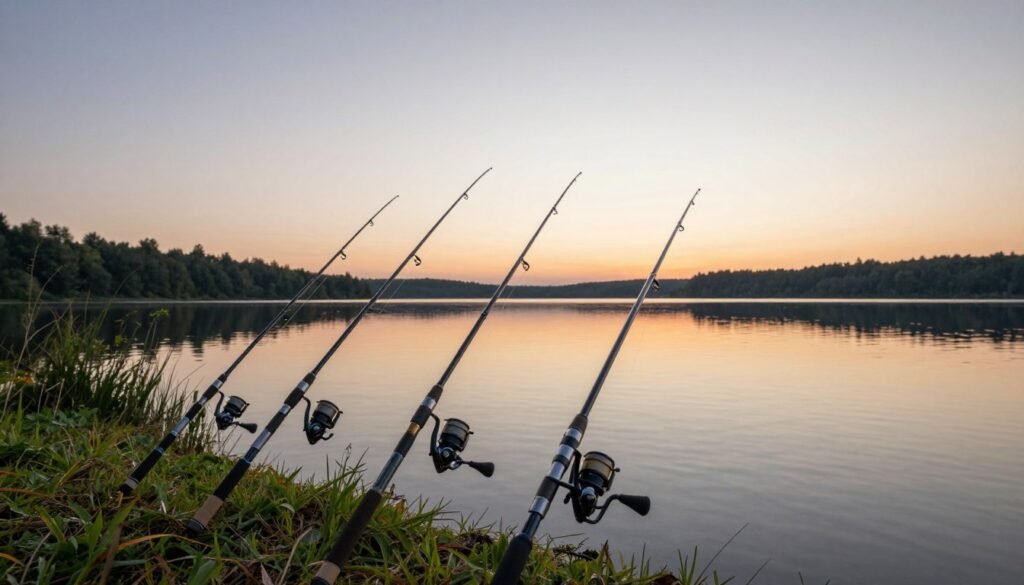 Uma cena serena à beira de um lago, com foco em uma variedade de varas de pesca para iniciantes, dispostas em primeiro plano. Destaque diversas varas de diferentes comprimentos e cores, mostrando suas características, como cabos e suportes para carretilhas. O plano intermediário apresenta um lago calmo refletindo os tons suaves do pôr do sol, com toques de vegetação ao longo da margem. Ao fundo, a silhueta distante de uma floresta sob um céu crepuscular adiciona profundidade à cena. Uma iluminação suave e quente realça a atmosfera, transmitindo uma sensação de paz e tranquilidade. Use uma lente grande angular para capturar toda a cena, enfatizando as varas em primeiro plano, enquanto mantém uma visão nítida do cenário sereno ao fundo.