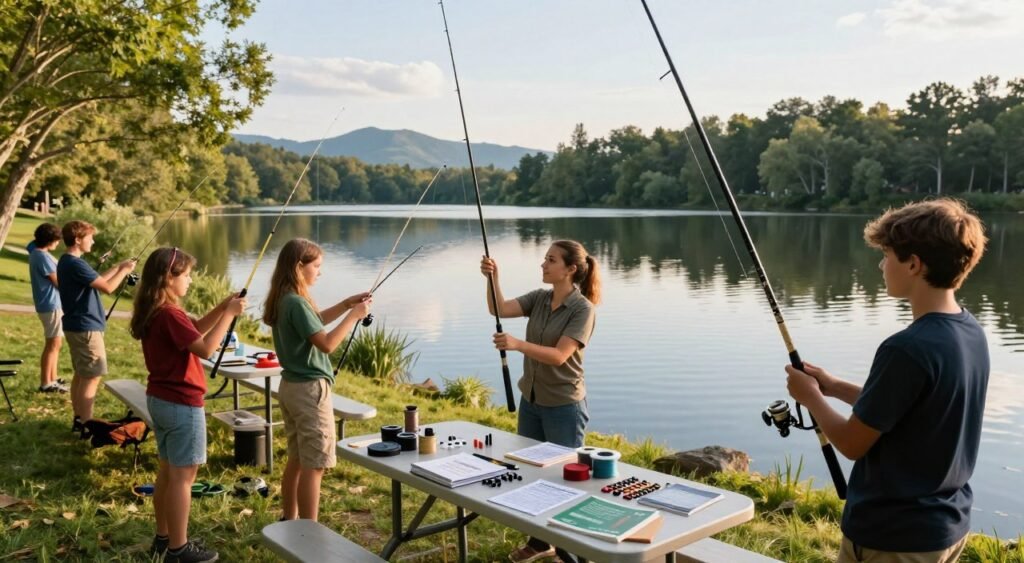 A serene lakeside scene showcasing beginners learning about fishing rod balancing techniques, or "libragem". In the foreground, a diverse group of novice anglers, dressed in casual outdoor attire, focuses on adjusting their fishing rods. One person holds a rod vertically, demonstrating proper alignment, while another practices casting with an attentive expression. In the middle ground, an array of fishing gear is neatly organized on a picnic table, including weights, line spools, and beginner guides. The background features calm waters reflecting the blue sky, surrounded by lush greenery and distant mountains. Soft golden sunlight filters through the trees, creating a warm and inviting atmosphere, captured with a wide-angle lens to emphasize the harmonious connection between the anglers and nature. Uma cena serena à beira de um lago, mostrando iniciantes aprendendo técnicas de balanceamento de varas de pesca, ou "libragem". Em primeiro plano, um grupo diversificado de pescadores novatos, vestidos com roupas casuais para atividades ao ar livre, concentra-se em ajustar suas varas. Uma pessoa segura a vara na vertical, demonstrando o alinhamento correto, enquanto outra pratica o arremesso com uma expressão atenta. Em segundo plano, uma variedade de equipamentos de pesca está organizada em uma mesa de piquenique, incluindo chumbadas, carretéis de linha e passadores para iniciantes. Ao fundo, águas calmas refletem o céu azul, cercadas por vegetação exuberante e montanhas ao longe. A suave luz dourada do sol filtra-se pelas árvores, criando uma atmosfera acolhedora e convidativa, capturada com uma lente grande angular para enfatizar a conexão harmoniosa entre os pescadores e a natureza.