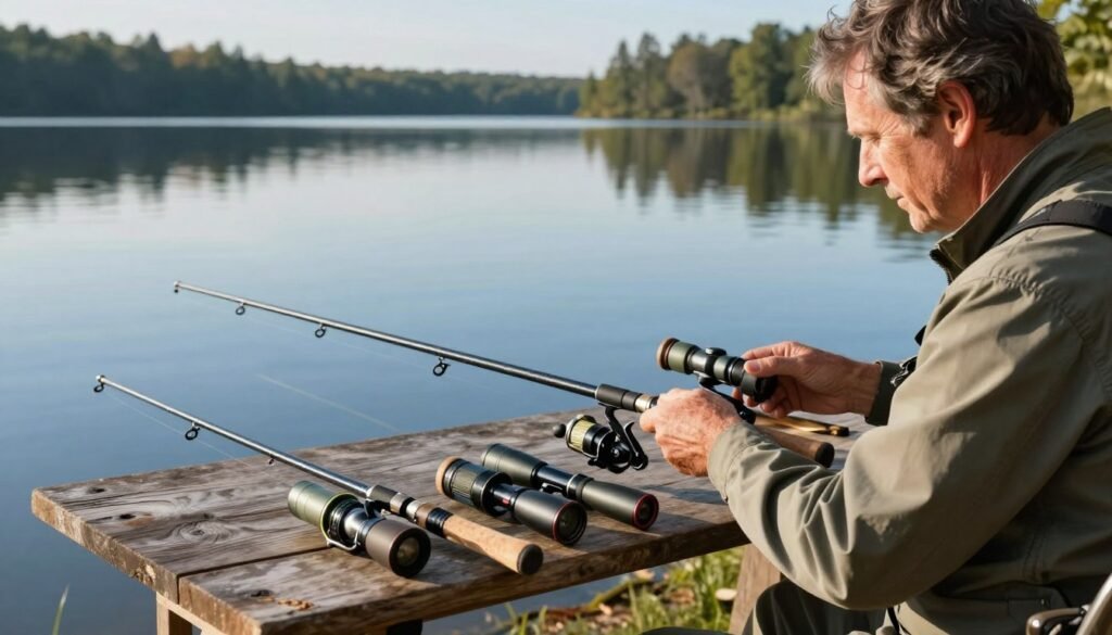 A serene lakeside scene with a professional angler examining various telescopic fishing rods displayed on a rustic wooden table. The foreground features the angler, a middle-aged person in comfortable fishing attire, focusing intently on the rods. In the middle ground, showcase an array of different telescopic rods, highlighting their various lengths, materials, and reel mounts, illuminated by soft, natural sunlight to emphasize details. The background depicts a tranquil lake reflecting bright blue skies and distant trees, enhancing the peaceful fishing atmosphere. The overall mood is focused and contemplative, showcasing the thoughtful process of selecting the ideal fishing rod for personal style. The angle is slightly elevated, providing a clear view of the rods and the angler’s engaged expression. A serene lakeside scene with a professional angler examining various telescopic fishing rods displayed on a rustic wooden table. The foreground features the angler, a middle-aged person in comfortable fishing attire, focusing intently on the rods. In the middle ground, showcase an array of different telescopic rods, highlighting their various lengths, materials, and reel mounts, illuminated by soft, natural sunlight to emphasize details. The background depicts a tranquil lake reflecting bright blue skies and distant trees, enhancing the peaceful fishing atmosphere. The overall mood is focused and contemplative, showcasing the thoughtful process of selecting the ideal fishing rod for personal style. The angle is slightly elevated, providing a clear view of the rods and the angler’s engaged expression.