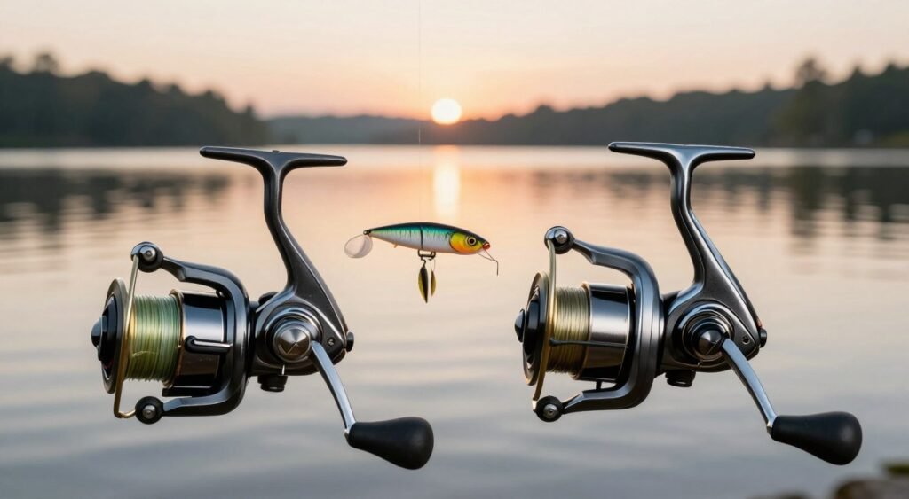 A side-by-side comparison of a traditional fishing reel (molinete) and a baitcasting reel (carretilha), displayed prominently in the foreground. The molinete features a large spool, an ergonomic handle, and a compact design, while the carretilha showcases a sleek, angled profile with a visible braking system and a comfortable grip. In the middle ground, display fishing lines and lures creatively arranged to highlight their different applications. The background depicts a serene lakeside scene at dawn, with soft, warm lighting casting gentle reflections on the water, enhancing the mood of tranquility and anticipation. The overall atmosphere suggests an inviting exploration of fishing gear for beginners, focusing on clarity and detail without any text or distractions. A side-by-side comparison of a traditional fishing reel (molinete) and a baitcasting reel (carretilha), displayed prominently in the foreground. The molinete features a large spool, an ergonomic handle, and a compact design, while the carretilha showcases a sleek, angled profile with a visible braking system and a comfortable grip. In the middle ground, display fishing lines and lures creatively arranged to highlight their different applications. The background depicts a serene lakeside scene at dawn, with soft, warm lighting casting gentle reflections on the water, enhancing the mood of tranquility and anticipation. The overall atmosphere suggests an inviting exploration of fishing gear for beginners, focusing on clarity and detail without any text or distractions.