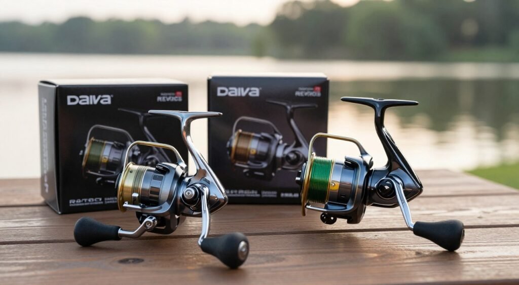 Uma comparação lado a lado de dois molinetes de pesca, o Daiwa Revros e o Regal, exibidos sobre uma mesa de madeira. Em primeiro plano, o foco está nos detalhes de cada molinete, destacando suas características distintas — superfícies metálicas brilhantes, cabos texturizados e designs de engrenagens complexos. O plano intermediário apresenta a elegante embalagem de ambos os molinetes, enfatizando o custo-benefício e a qualidade. O fundo inclui uma cena externa com foco suave, talvez um lago tranquilo ao amanhecer, com a luz do sol filtrando-se delicadamente pelas árvores, realçando a atmosfera serena da pesca. Utilize uma iluminação natural suave para realçar as texturas e cores dos molinetes, capturando uma atmosfera de calma e contemplação, enquanto ilustra o tema da relação custo-benefício e do valor dos equipamentos de pesca.