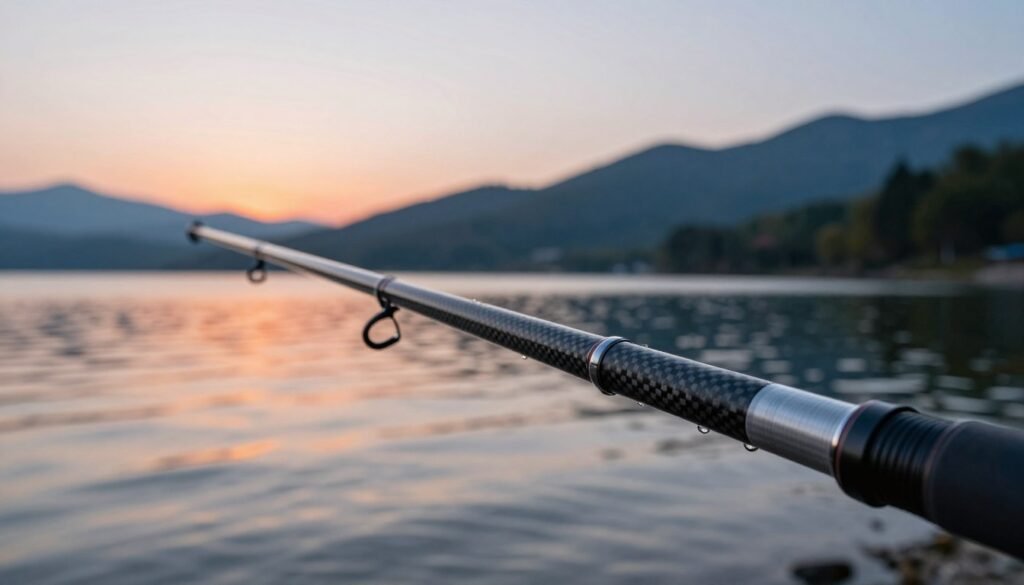 A sleek, high-performance fishing rod lies prominently in the foreground, showcasing its carbon fiber and fiberglass construction through a close-up view that highlights the intricate weaving and shine of the materials. The rod has a robust line attached, glistening with droplets of water. In the middle ground, a blurred landscape of a serene lake with gentle ripples reflects the soft orange and pink hues of a sunset, adding warmth to the scene. The background features distant mountains under a clear sky, enhancing the tranquility of the setting. Soft, diffused lighting casts gentle shadows, creating a mood of peaceful solitude. The angle captures the rod’s profile against the lake, emphasizing its strength and durability in a natural environment. A sleek, high-performance fishing rod lies prominently in the foreground, showcasing its carbon fiber and fiberglass construction through a close-up view that highlights the intricate weaving and shine of the materials. The rod has a robust line attached, glistening with droplets of water. In the middle ground, a blurred landscape of a serene lake with gentle ripples reflects the soft orange and pink hues of a sunset, adding warmth to the scene. The background features distant mountains under a clear sky, enhancing the tranquility of the setting. Soft, diffused lighting casts gentle shadows, creating a mood of peaceful solitude. The angle captures the rod’s profile against the lake, emphasizing its strength and durability in a natural environment.