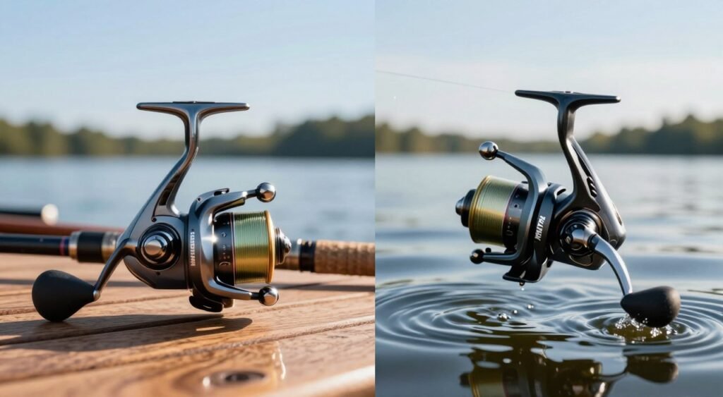 Uma comparação em tela dividida de dois molinetes de pesca: o Shimano FX e o Nexave. À esquerda, o Shimano FX, caracterizado por seu design elegante e moderno, exibido em um deck de madeira polida, com a luz do sol refletindo em sua superfície metálica. À direita, o Nexave, com uma estética mais tradicional, cercado por águas serenas, com ondulações suaves refletindo a luz amena da tarde. Ao fundo, uma cena tranquila à beira de um lago com árvores ao longe e um céu azul claro. A atmosfera é vibrante e campestre, capturando a essência da aventura da pesca. A imagem deve ter o fundo desfocado, com aspecto profissional, como uma foto tirada com uma lente de 50 mm sob luz natural, enfatizando os molinetes de forma a destacar suas características e desempenho na pesca.
