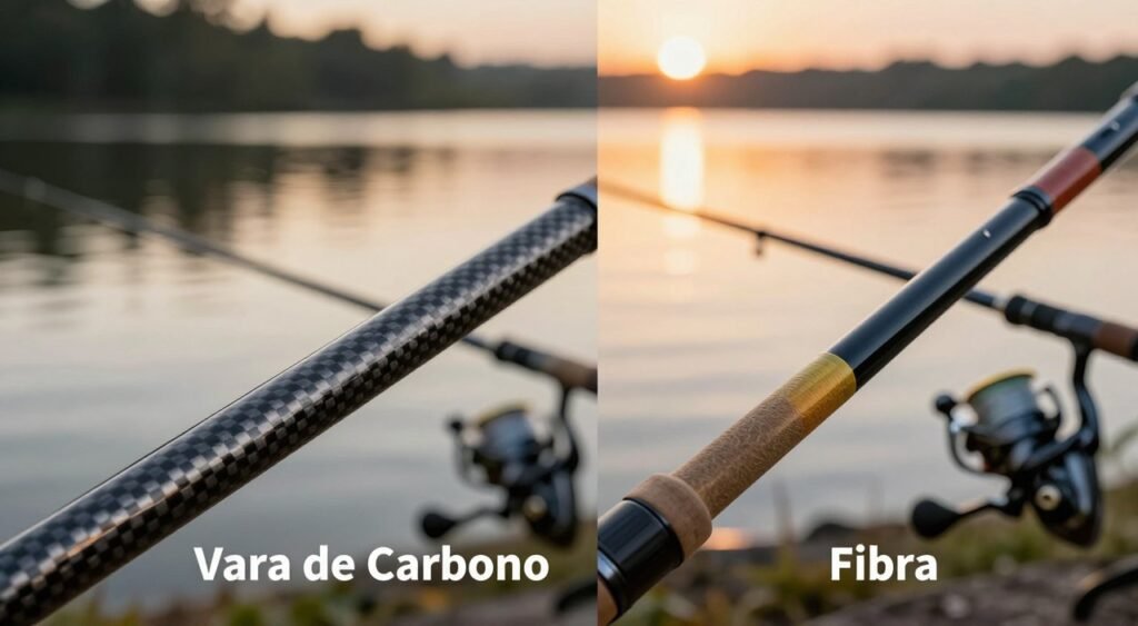 Uma imagem em tela dividida ilustrando "Vara de Carbono" de um lado e "Fibra" do outro. Em primeiro plano, mostre uma vara de carbono elegante com acabamento brilhante, destacando sua leveza e detalhes refinados, como a textura e a trama das fibras de carbono. No lado oposto, apresente uma vara de fibra de vidro colorida, enfatizando sua construção robusta com uma superfície levemente texturizada. No plano intermediário, inclua equipamentos de pesca, como molinetes e anzóis, indicando sutilmente seu uso pretendido. O fundo deve mostrar um ambiente de pesca sereno, talvez um lago ao nascer do sol, projetando tons dourados e quentes na cena para criar uma atmosfera tranquila. Use iluminação natural suave para enfatizar as qualidades de cada vara, garantindo clareza na comparação.