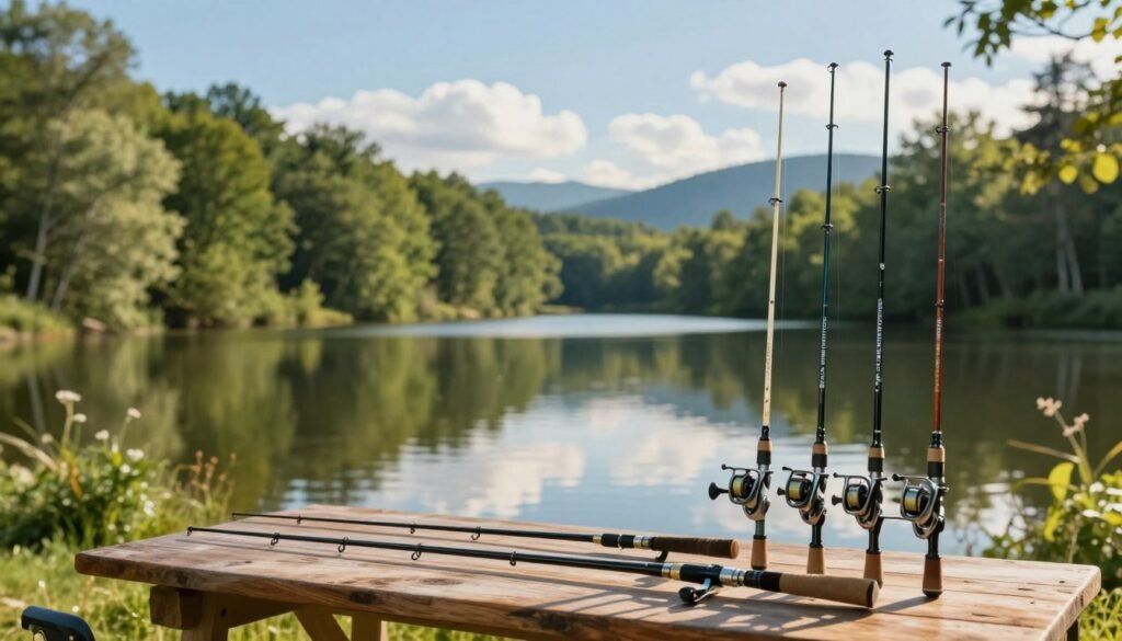 A stunning display of the best fishing rods showcasing their cost-effectiveness in an outdoor setting. In the foreground, feature a selection of high-quality fishing rods of various lengths, styles, and materials, arranged aesthetically on a rustic wooden table. In the middle ground, display a serene freshwater lake surrounded by lush green trees, reflecting the bright blue sky. Add a few soft white clouds for a peaceful atmosphere. The background should include distant mountains, providing depth to the scene. The lighting is warm and natural, simulating a golden hour effect, casting soft shadows and highlighting the rods' sleek designs. The overall mood is tranquil and inviting, perfect for fishing enthusiasts looking for the best value. Uma exibição deslumbrante das melhores varas de pesca, demonstrando sua excelente relação custo-benefício em um ambiente externo. Em primeiro plano, uma seleção de varas de pesca de alta qualidade, de diversos comprimentos, estilos e materiais, dispostas de forma estética sobre uma mesa rústica de madeira. Em segundo plano, um sereno lago de água doce cercado por árvores verdejantes, refletindo o céu azul brilhante. Algumas nuvens brancas e suaves criam uma atmosfera tranquila. Ao fundo, montanhas distantes conferem profundidade à cena. A iluminação é quente e natural, simulando o efeito da hora dourada, projetando sombras suaves e destacando o design elegante das varas. O clima geral é tranquilo e convidativo, perfeito para entusiastas da pesca que buscam o melhor custo-benefício.