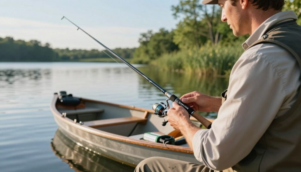 A tranquil lakeside scene featuring a professional angler meticulously selecting fishing rods based on action and weight specifications. In the foreground, the angler, dressed in a collared shirt and fishing vest, examines two fishing rods with varying action characteristics, a measuring tape lying beside them. The middle ground showcases a small wooden boat gently bobbing on the water, with an array of fishing gear and tackle neatly organized. In the background, lush greenery frames the lake, under a clear blue sky with soft sunlight filtering through the trees, creating a warm and inviting atmosphere. The composition maintains a balanced focus on the angler's thoughtful process, highlighting both the rods and the idyllic setting, captured with a slight depth of field for an intimate, engaging look at the subject. Uma cena tranquila à beira de um lago, mostrando um pescador profissional selecionando meticulosamente varas de pesca com base em especificações de ação e peso. Em primeiro plano, o pescador, vestido com camisa de colarinho e colete de pesca, examina duas varas com diferentes características de ação, com uma fita métrica ao lado. Em segundo plano, um pequeno barco de madeira balança suavemente na água, com diversos equipamentos e acessórios de pesca organizados com cuidado. Ao fundo, uma vegetação exuberante emoldura o lago, sob um céu azul claro com a luz do sol filtrando-se suavemente pelas árvores, criando uma atmosfera acolhedora e convidativa. A composição mantém um foco equilibrado no processo de atenção do pescador, destacando tanto as varas quanto o cenário idílico, capturado com uma leve profundidade de campo para um olhar íntimo e envolvente sobre o assunto.