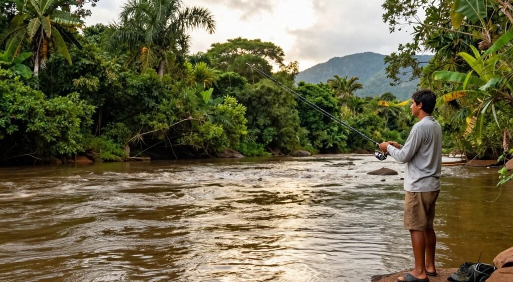 Uma vibrante cena de pesca no Brasil, mostrando um pescador habilidoso lançando sua linha em um rio tranquilo, cercado por vegetação exuberante. Em primeiro plano, o pescador, vestido com roupas casuais e discretas, segura uma vara de pesca de alta qualidade, exibindo as características recomendadas para diferentes tipos de pesca. Em segundo plano, o rio reluz, refletindo os raios quentes do sol enquanto pequenos peixes ondulam na superfície. Ao fundo, uma densa folhagem tropical com vislumbres de montanhas distantes cria uma atmosfera serena e envolvente. A luz suave e natural realça o clima, enfatizando os prazeres da pesca neste rico ecossistema. A composição foi fotografada de um ângulo ligeiramente elevado, capturando a beleza expansiva da paisagem brasileira.