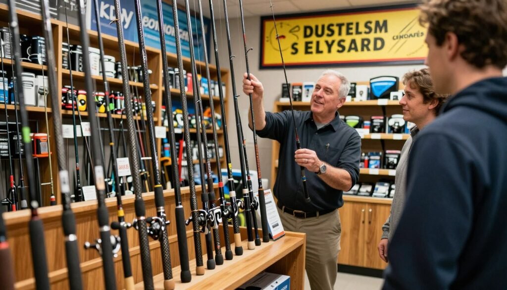 A vibrant fishing store interior showcasing a diverse selection of high-quality carbon fishing rods. In the foreground, a polished wooden display rack holds various rods, their sleek, lightweight carbon designs shimmering under warm, soft lighting. The middle ground features a knowledgeable store attendant, dressed in smart casual attire, enthusiastically demonstrating a rod to a customer. In the background, shelves are lined with fishing gear and accessories, with bright banners highlighting sales and special offers. The atmosphere exudes excitement and professionalism, inviting anglers of all levels. The scene is captured with a slight angle, creating depth, and well-lit to enhance the details of the rods and the friendly interaction. A vibrant fishing store interior showcasing a diverse selection of high-quality carbon fishing rods. In the foreground, a polished wooden display rack holds various rods, their sleek, lightweight carbon designs shimmering under warm, soft lighting. The middle ground features a knowledgeable store attendant, dressed in smart casual attire, enthusiastically demonstrating a rod to a customer. In the background, shelves are lined with fishing gear and accessories, with bright banners highlighting sales and special offers. The atmosphere exudes excitement and professionalism, inviting anglers of all levels. The scene is captured with a slight angle, creating depth, and well-lit to enhance the details of the rods and the friendly interaction.