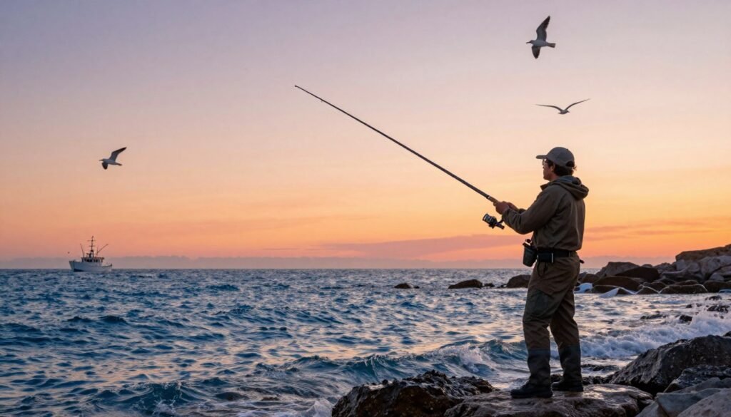 Uma cena vibrante retratando um pescador habilidoso pescando com uma vara Vara Albatroz ao longo de uma costa pitoresca. Em primeiro plano, o pescador, vestido com trajes de pesca práticos, lança sua linha nas ondas azuis cintilantes, com a Vara Albatroz em destaque na mão. Em segundo plano, ondas suaves lambem a costa rochosa, enquanto algumas aves marinhas circulam acima e um barco de pesca pode ser visto ao longe. O fundo exibe um belo céu de pôr do sol, com tons quentes de laranja e rosa se misturando, lançando um brilho tranquilo sobre a cena. A atmosfera é calma e serena, evocando um senso de aventura e conexão com a natureza, ao mesmo tempo que destaca a arte da pesca com essa vara específica. Use iluminação natural para realçar as cores e texturas da cena.