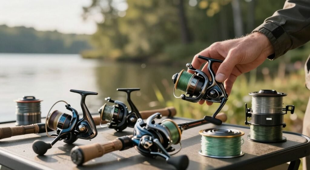 A visually engaging composition focusing on errors in selecting fishing reels, presented in a clear, informative manner. In the foreground, illustrate a desk cluttered with various fishing reels, some displaying common flaws like incorrect drag settings or mismatched line types. In the middle, include a hand reaching out to examine a poorly designed reel, emphasizing the careful consideration needed in choosing the right equipment. The background should feature an outdoor fishing setting, with soft morning light filtering through trees, casting gentle shadows. A blurred lakeside view hints at a fishing trip in the making. Capture a mood of alertness and caution, underscoring the importance of informed choices in fishing gear selection.