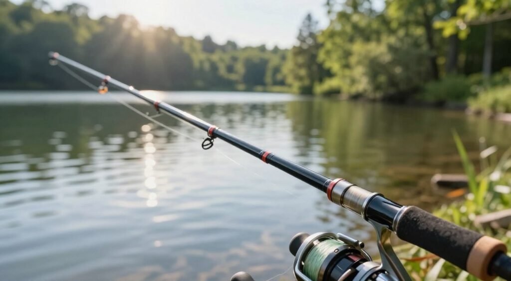 Em primeiro plano, uma vara de pesca bem organizada, exibindo diferentes comprimentos, materiais e funcionalidades adequadas para diversas situações de pesca. Inclua um close do cabo e dos passadores da vara, enfatizando detalhes como a textura da empunhadura e a passagem da linha. Em segundo plano, retrate um cenário sereno à beira de um lago, com águas tranquilas e vegetação exuberante, sugerindo o ambiente de pesca. Ao fundo, a luz suave do sol filtra-se pelas árvores, projetando reflexos delicados na água. Capture a atmosfera de um dia tranquilo de pesca, com uma brisa leve ondulando a superfície da água. O ângulo deve ser ligeiramente elevado, focando na vara e em sua versatilidade, convidando os espectadores a explorar as melhores opções para suas aventuras de pesca.