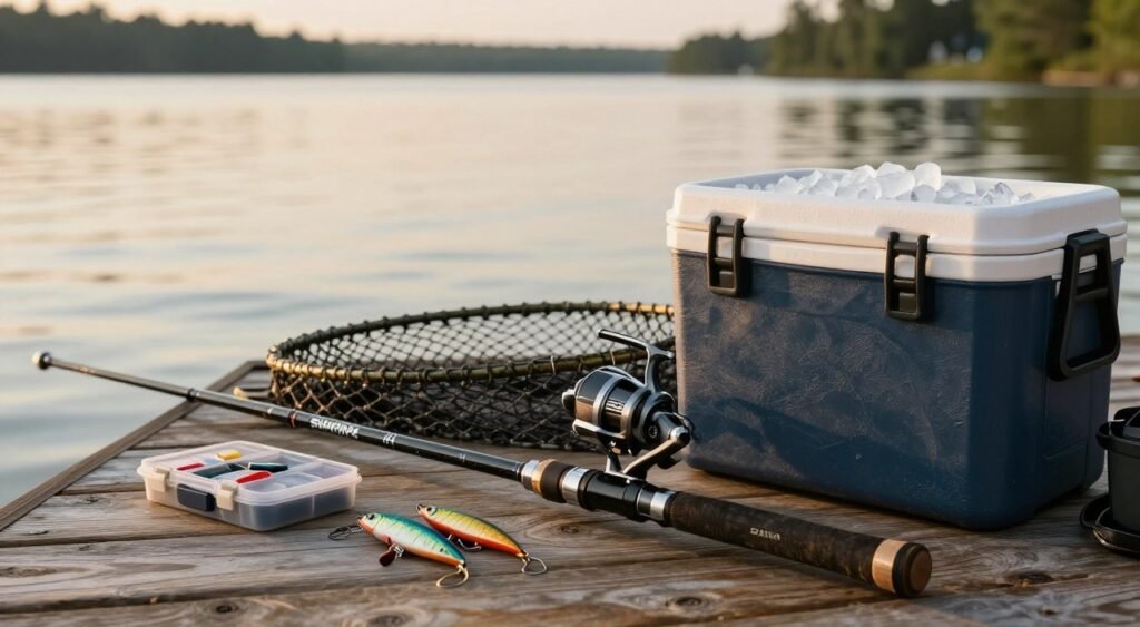 A well-equipped fishing setup is displayed on a wooden dock, capturing the essence of fishing gear. In the foreground, a high-quality Shimano fishing rod rests beside a Daiwa reel, with vibrant fishing lures and a tackle box scattered nearby. The middle layer features a well-worn fishing net and a portable cooler filled with ice, hinting at a productive day on the water. In the background, gently rippling water reflects warm sunlight and a serene landscape, embodying a peaceful fishing environment. The lighting is soft and natural, creating a warm, inviting atmosphere. A shallow depth of field focuses on the fishing equipment while ensuring the background remains harmoniously blurred. The overall mood is one of relaxation and anticipation, perfect for illustrating the value of quality fishing gear.